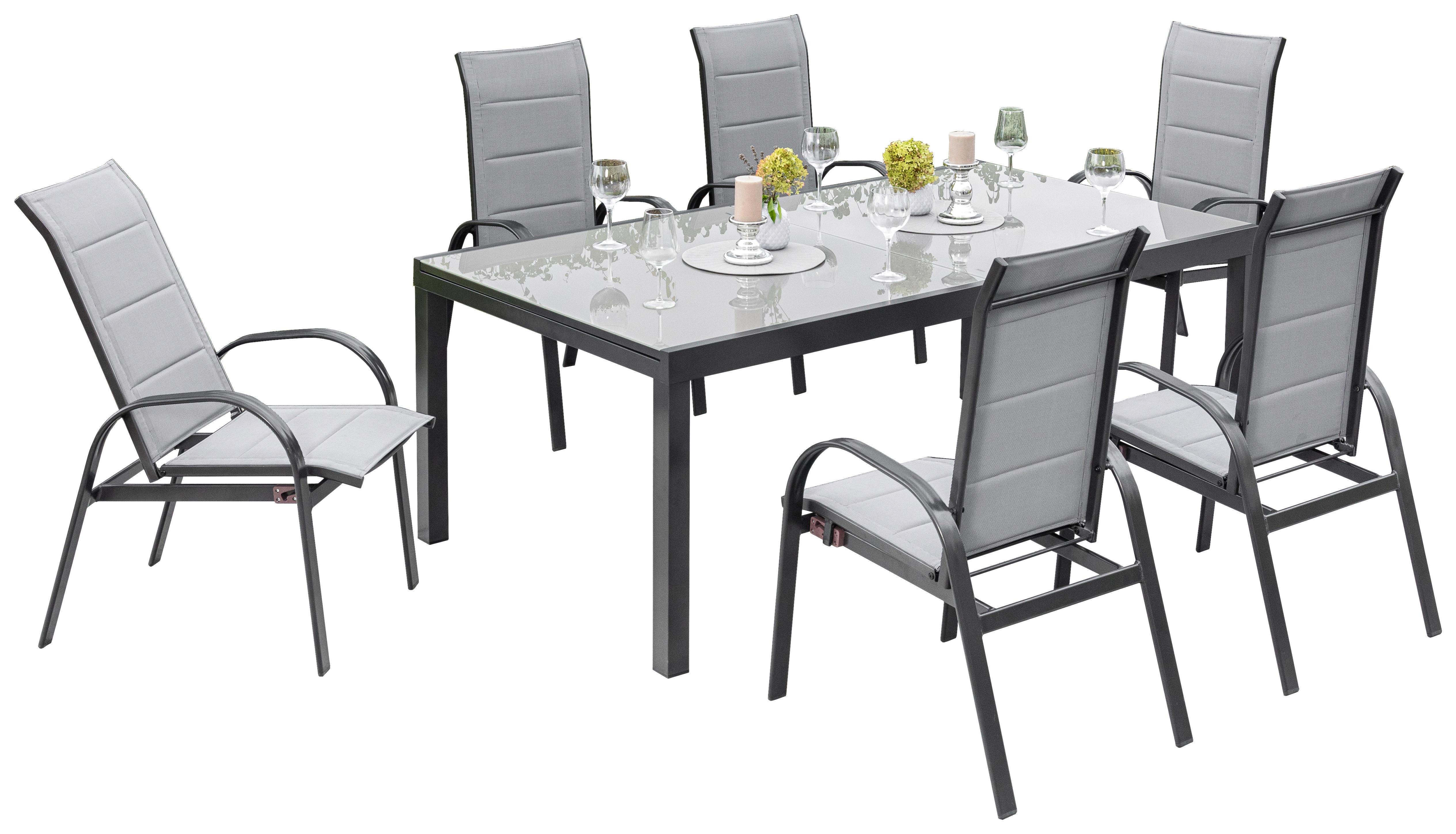 Gartengarnitur Marini 7-Teilig Marini aus Aluminium - Graphitfarben/Grau, KONVENTIONELL, Glas/Textil - Gardenson