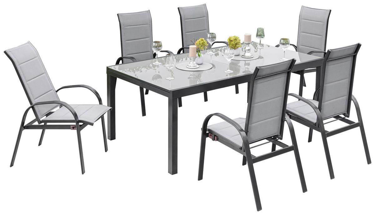 Gartengarnitur Marini 7-Teilig Marini aus Aluminium - Graphitfarben/Grau, KONVENTIONELL, Glas/Textil - Gardenson