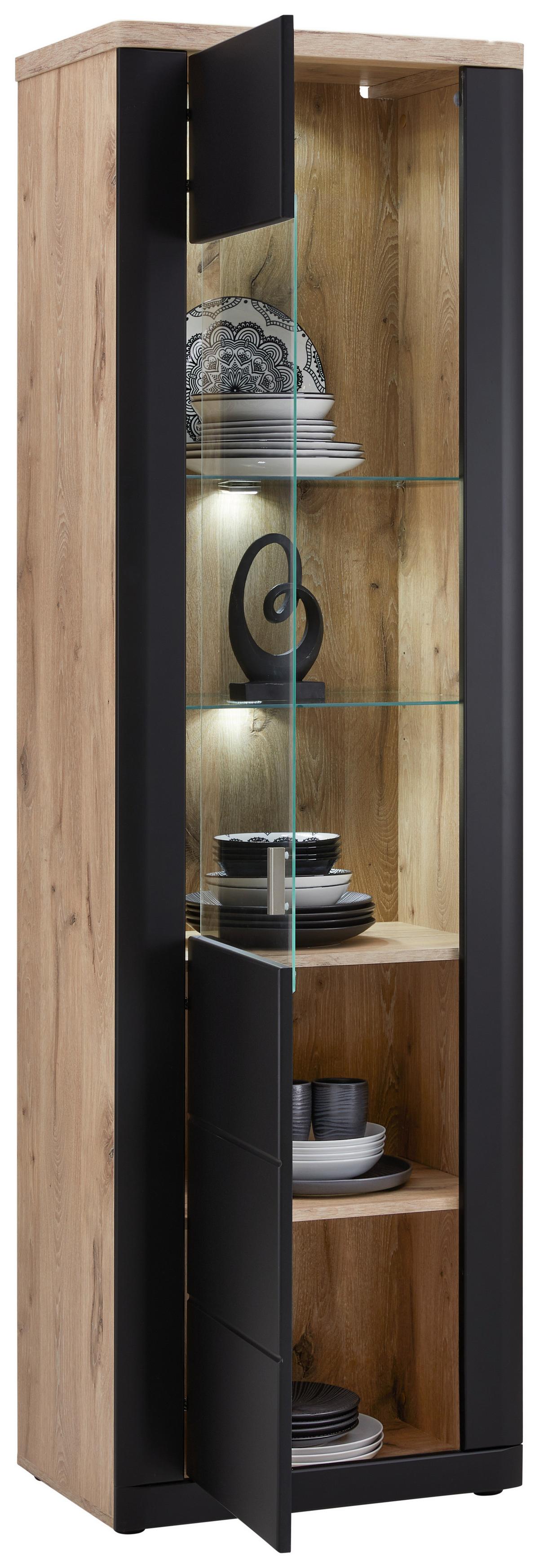 Vitrine Game B: 61 cm Schwarz Matt/Eiche Dekor - MODERN, Glas/Holzwerkstoff (61/204/41cm)