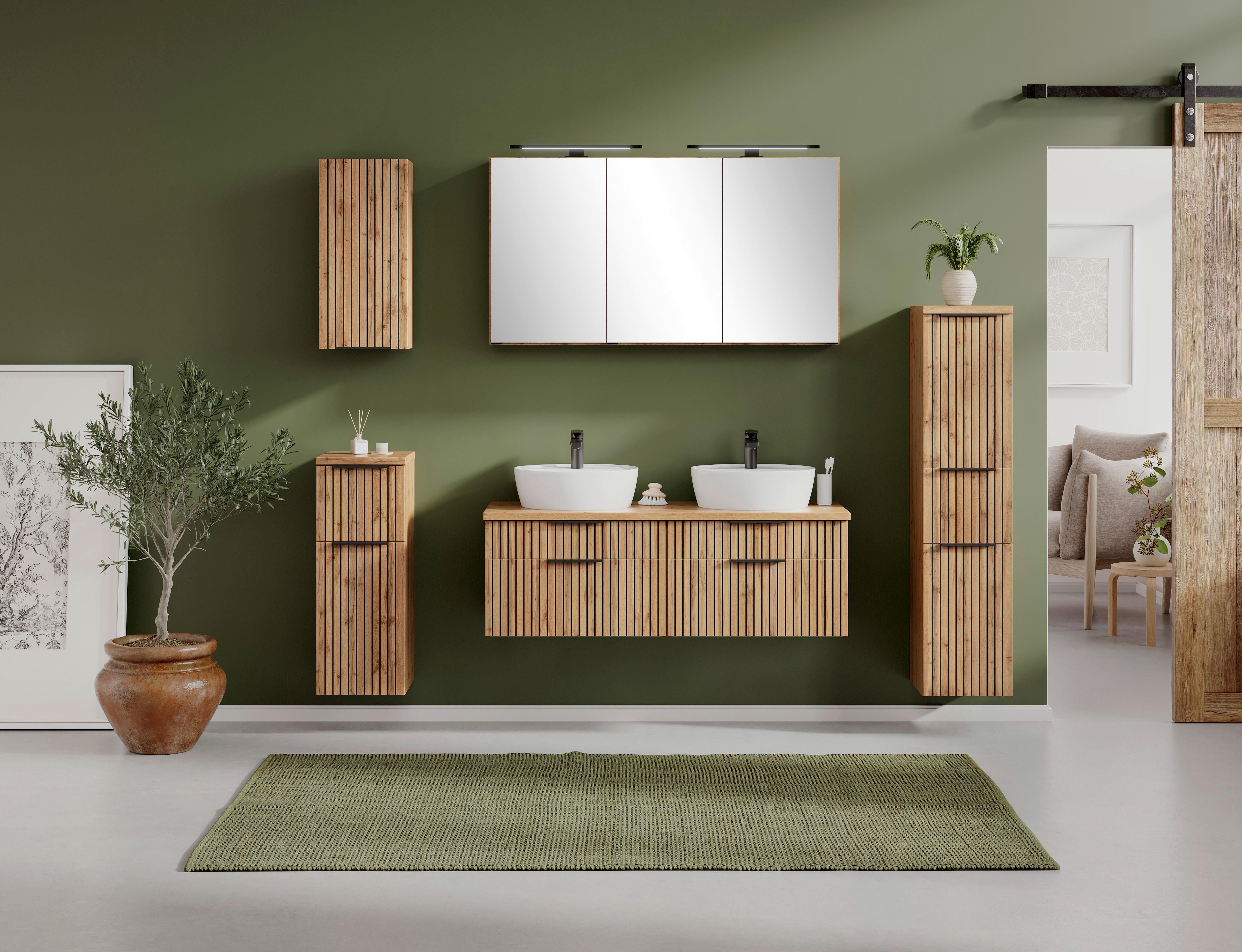 Waschbecken mit Unterschrank Chester B: 120 cm - Eiche Wotan/Schwarz, MODERN, Holzwerkstoff/Stein (120cm) - Held