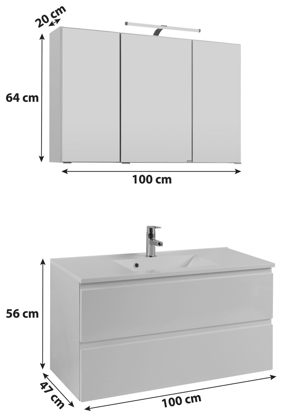 Badmöbel-Set 2-Tlg. inkl. LED Cardiff B: 100 cm, Grau - Weiß/Grau, Design, Holzwerkstoff/Stein (100cm) - Held