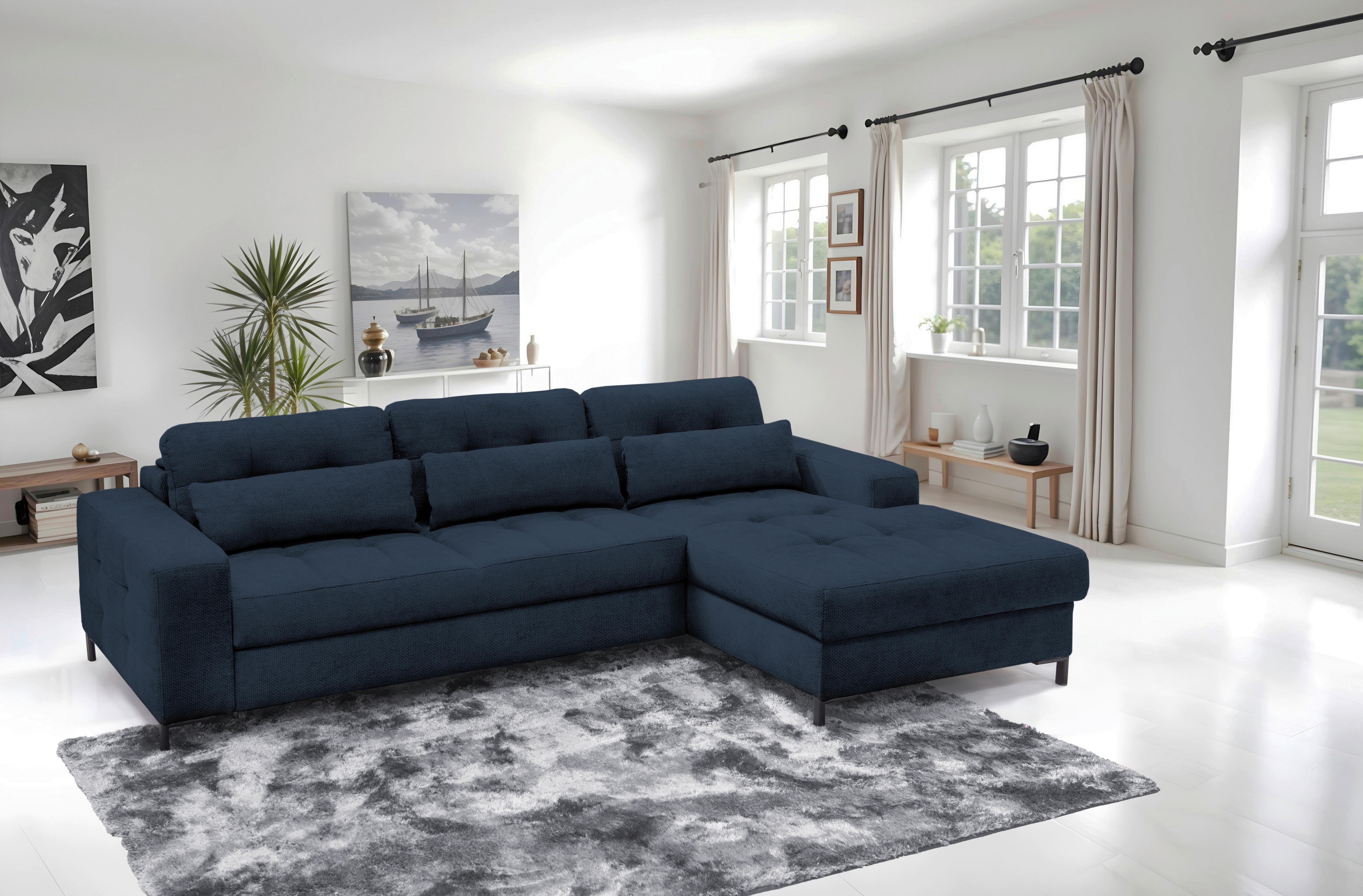 Ecksofa Bonito, Dunkelblau Schenkel: 255x176 cm - Schwarz/Dunkelblau, Design, Textil (260/176cm) - Livetastic
