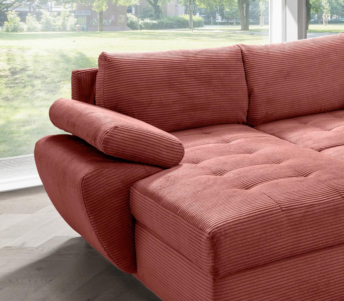 Wohnlandschaft Terana mit Schlaffunktion, Koralle - Chromfarben/Koralle, KONVENTIONELL, Textil (157/305/219cm) - Livetastic