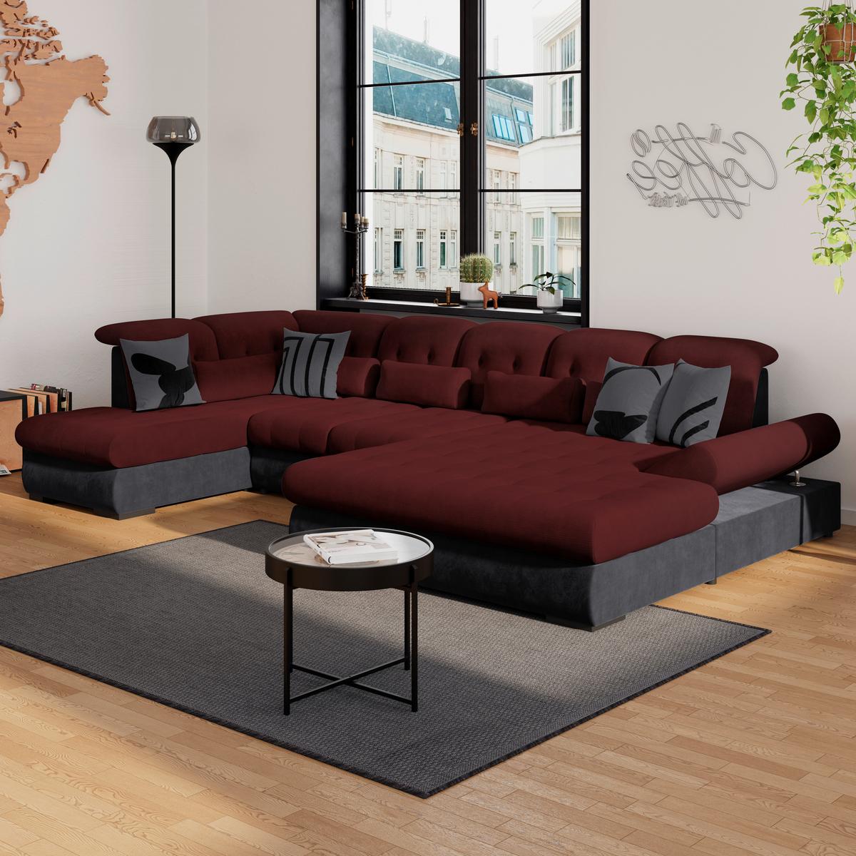 Wohnlandschaft Madera Rubinrot, S: 212x358 cm - Anthrazit/Rot, KONVENTIONELL, Kunststoff/Textil (212/358/190cm)