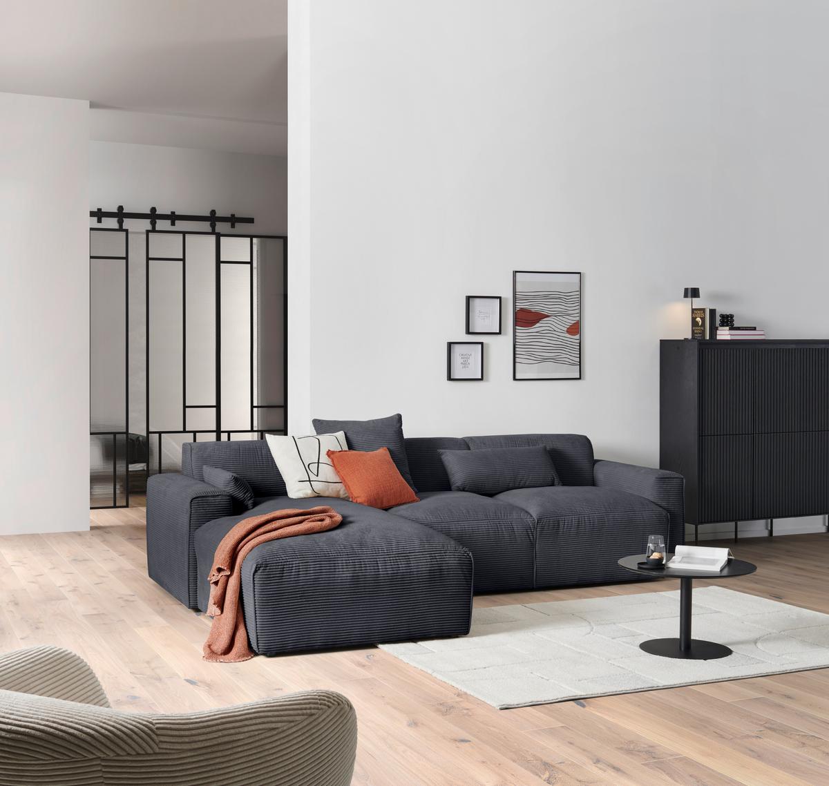 Ecksofa mit Zierkissen Pearl Graphitfarben 196x303 cm - Schwarz/Graphitfarben, Design, Textil (196/303cm) - Livetastic
