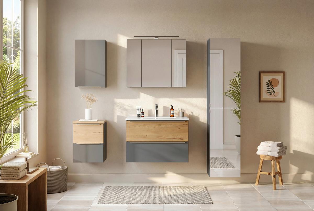 WASCHTISCHKOMBI Verona Grau/Wildeiche B: 80cm - Wildeiche/Weiß, Trend, Holzwerkstoff/Stein (80/54/47cm) - Held