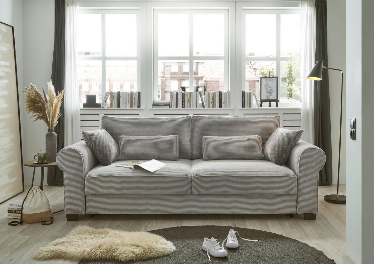 3-sitzer-sofa Mit Schlaf- Funktion Angelina Grau Kord - Schwarz/Grau, Basics, Textil (250/95/125cm) - MID.YOU