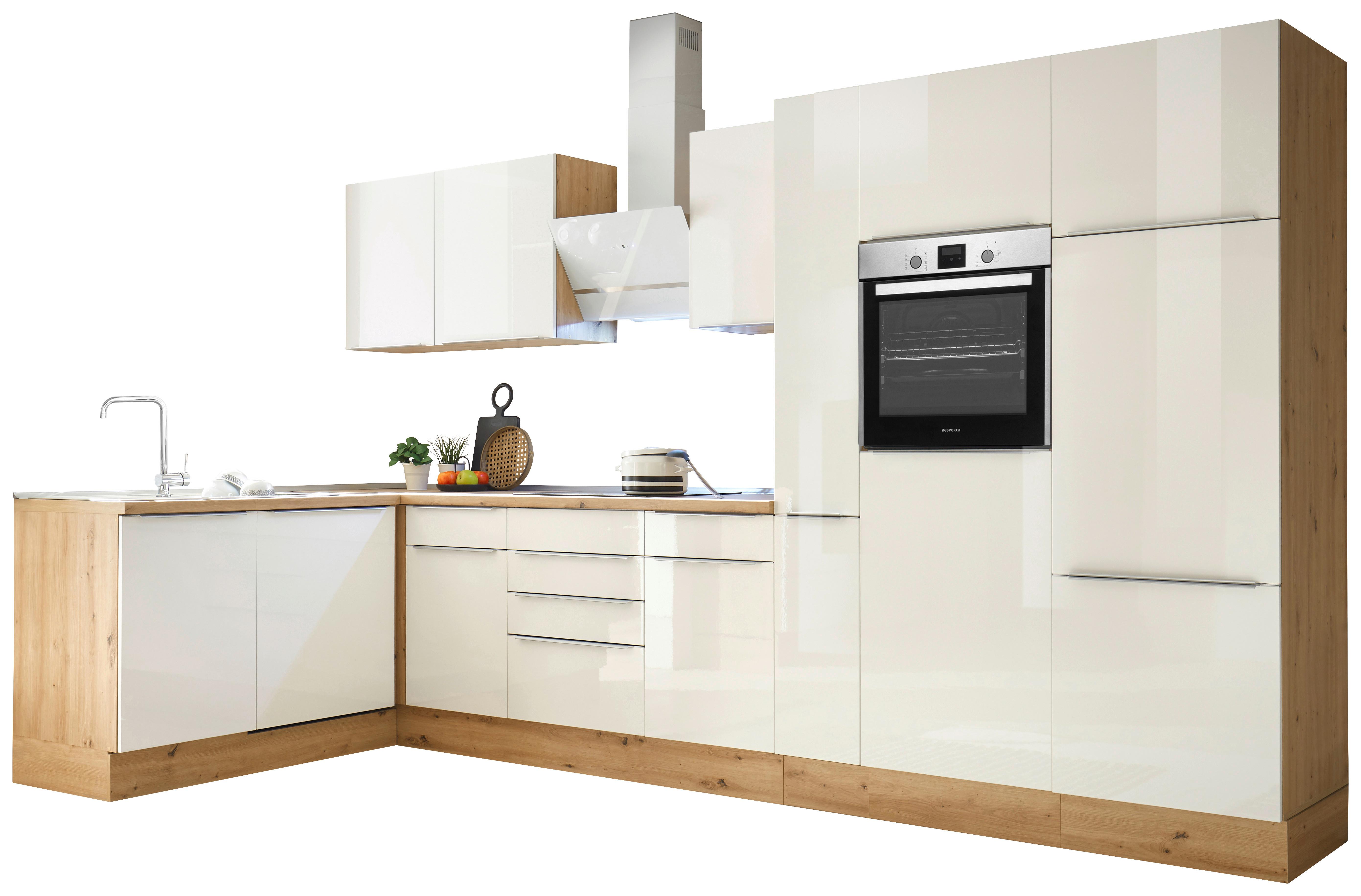 Eckküche mit Geräten 370x170 cm Weiß/Eiche Dekor, Modern - Weiß Hochglanz/Eiche Artisan, LIFESTYLE, Holzwerkstoff (170/370cm) - Respekta