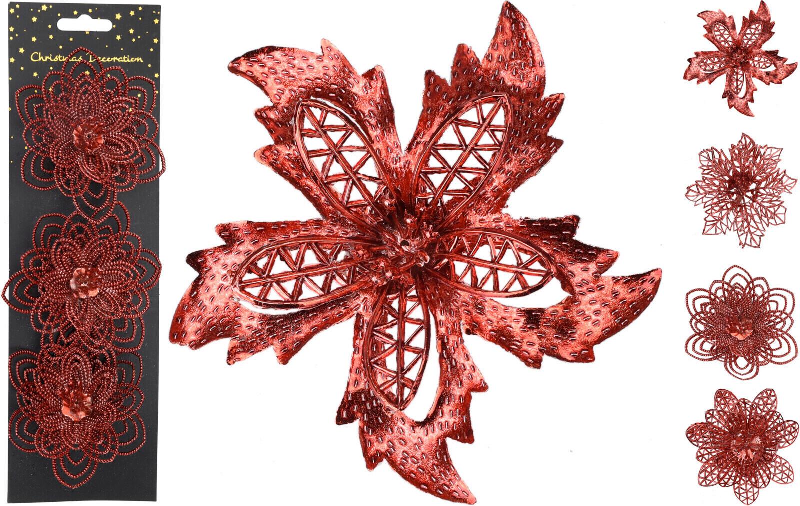 Dekorační květina FLOWER WITH METALLIC FINISH - červená, Basics, plast (12cm)
