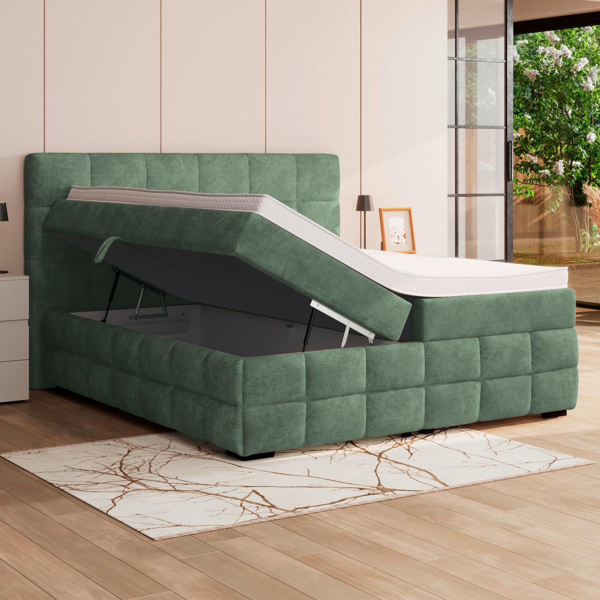 Čalúnená posteľ VEGA 160x200 cm, mätovozelená - čierna/zelená, Trend, drevo/textil (160/200cm)