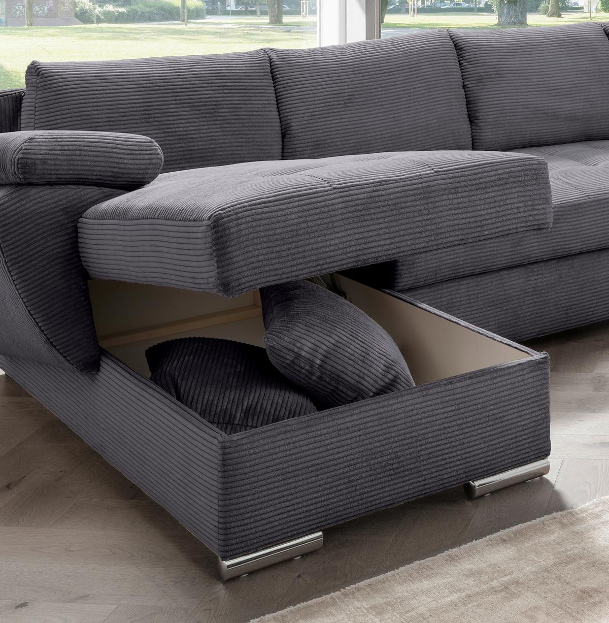 Wohnlandschaft Terana mit Schlaffunktion, Grau - Chromfarben/Grau, KONVENTIONELL, Textil (157/305/219cm) - P & B
