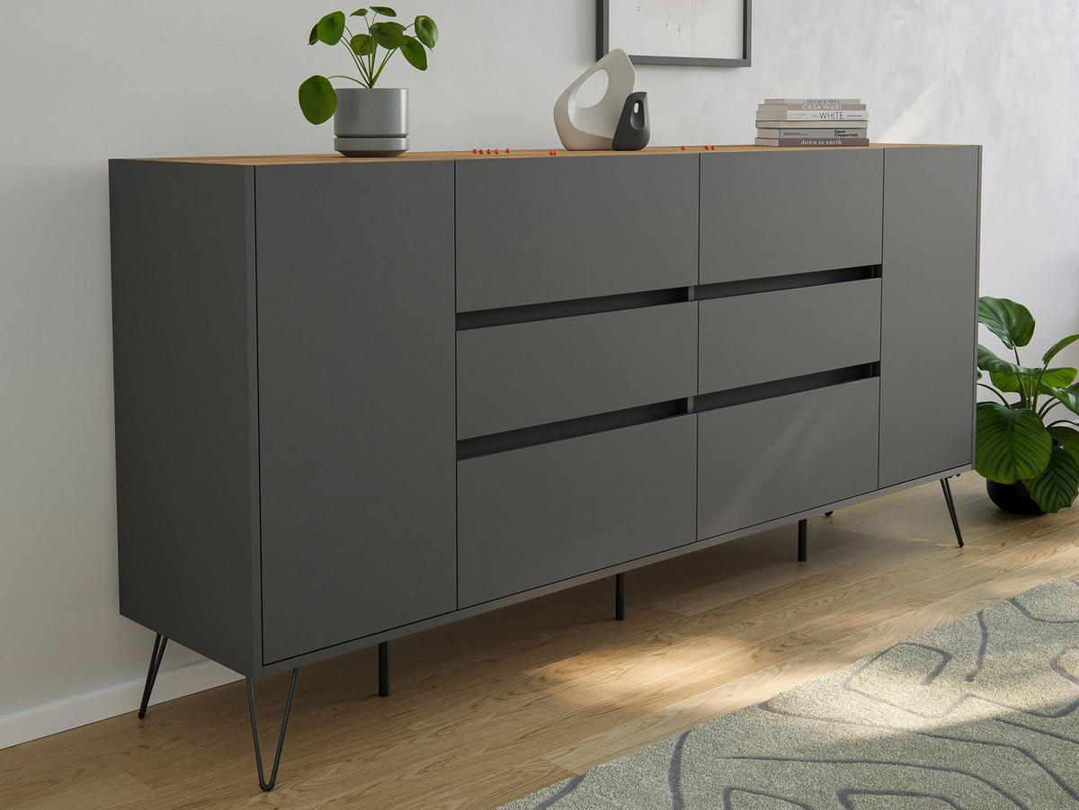 Sideboard Posseik Industrial Graphitf./eichefarben B: 199cm - Eichefarben/Schwarz, Design, Holzwerkstoff (199/93,6/42cm) - P & B