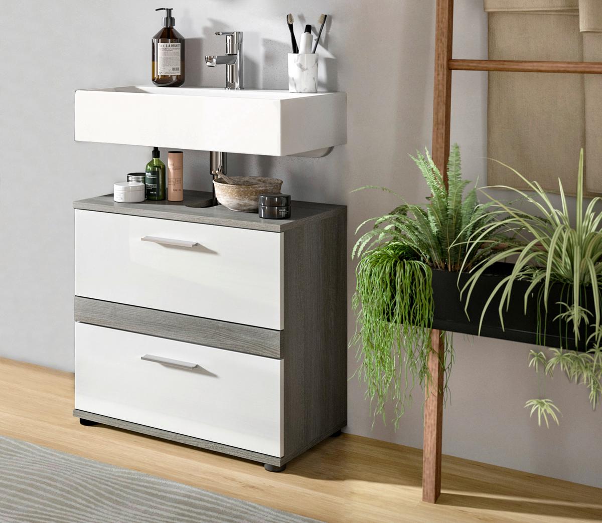 Waschbeckenunterschrank Blake Rauchsilber/weiß B: 60 Cm - Weiß Hochglanz, MODERN, Holzwerkstoff (60/57/34cm) - MID.YOU