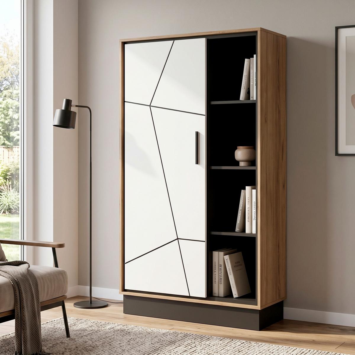 Bücherwand Brolo Catania Eiche/Schwarz B:85,4cm - Eichefarben/Weiß Hochglanz, MODERN, Holzwerkstoff (85,4/160,5/37cm)