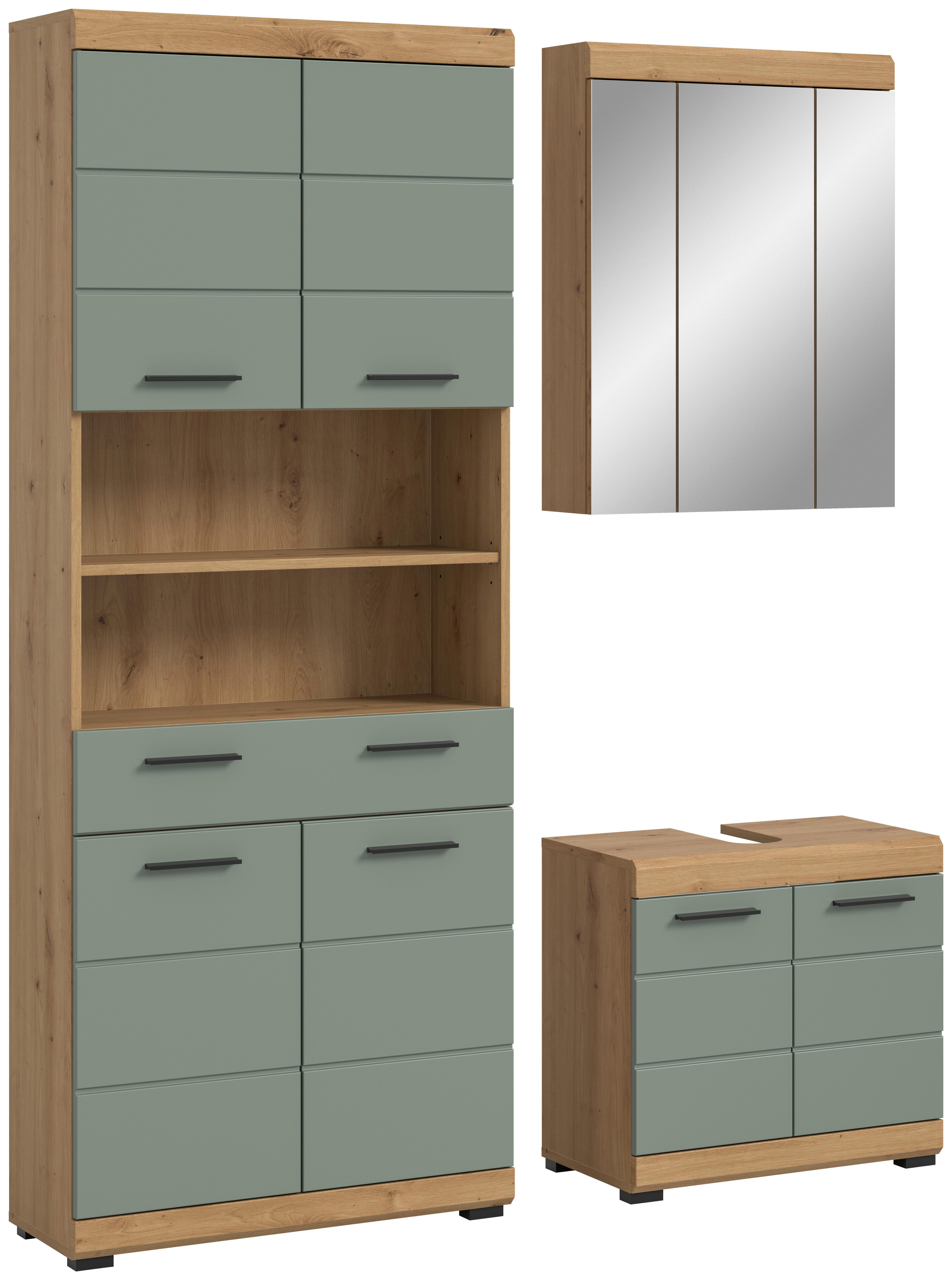 Badezimmer Scout Salbeigrün/Eiche D. B: 134 cm - Schwarz, MODERN, Holzwerkstoff (134cm) - MID.YOU