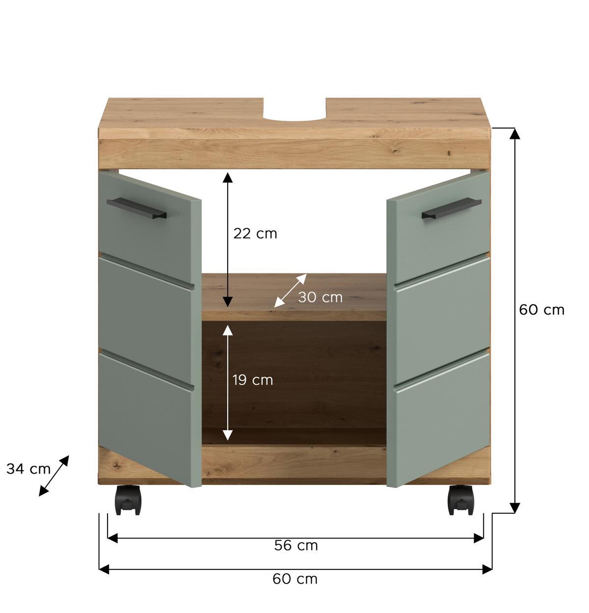 Waschebeckenunterschrank Scout Salbeigrün/Eiche Dekor B: 60cm - Salbeigrün/Schwarz, Trend, Holzwerkstoff (60/60/34cm) - MID.YOU