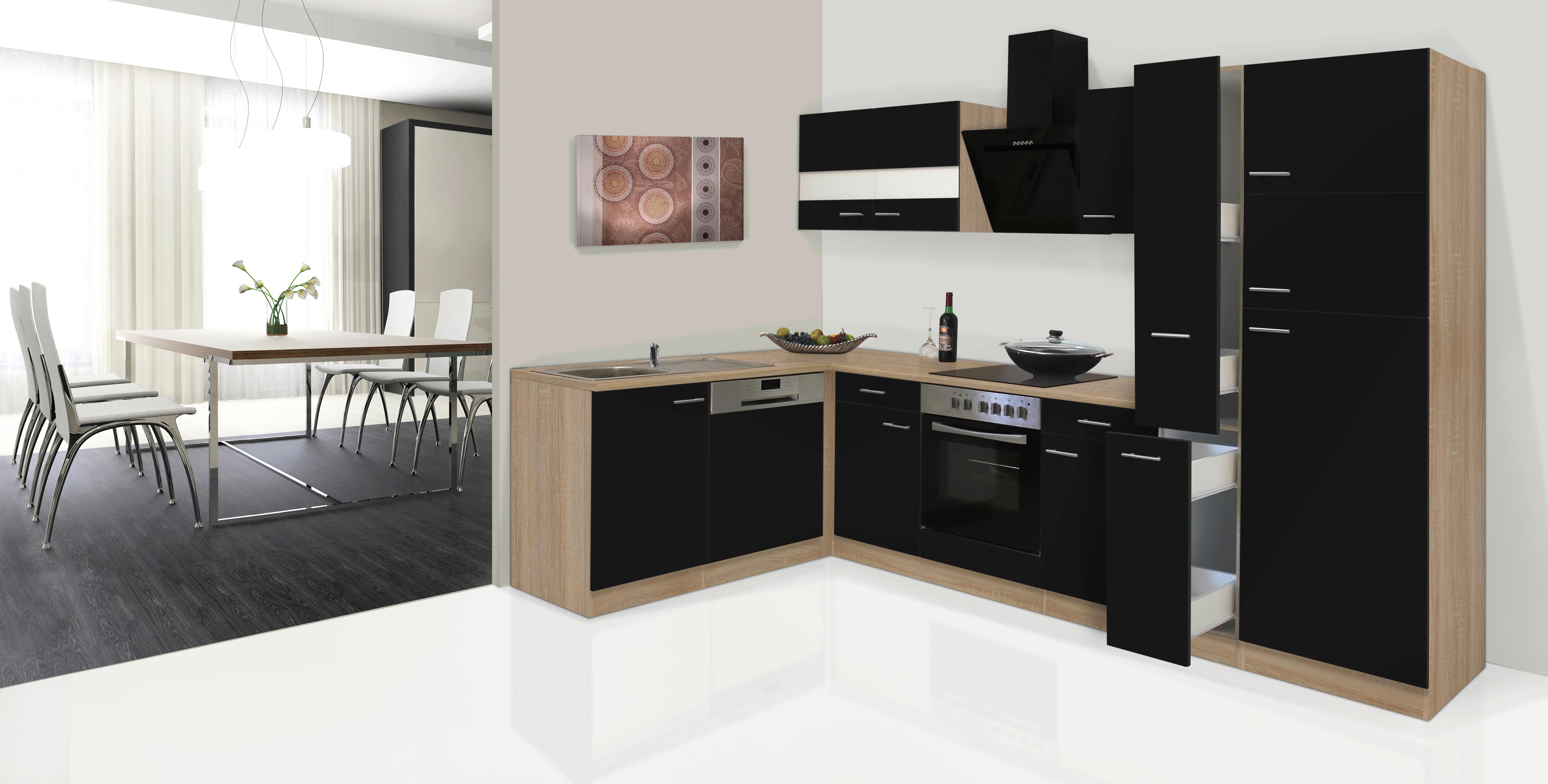 Eckküche Economy mit Geräten 172 cm Schwarz/Eichefarben - Eichefarben/Schwarz, Basics, Glas/Holzwerkstoff (172/310cm) - Respekta