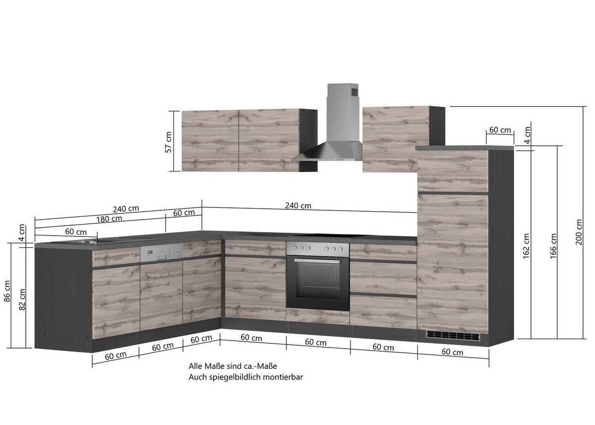 Eckküche Turin Mit Geräten 240x300 Cm Graphit/eiche Dekor - Eiche Wotan/Graphitfarben, Design, Holzwerkstoff (240/300cm) - Held
