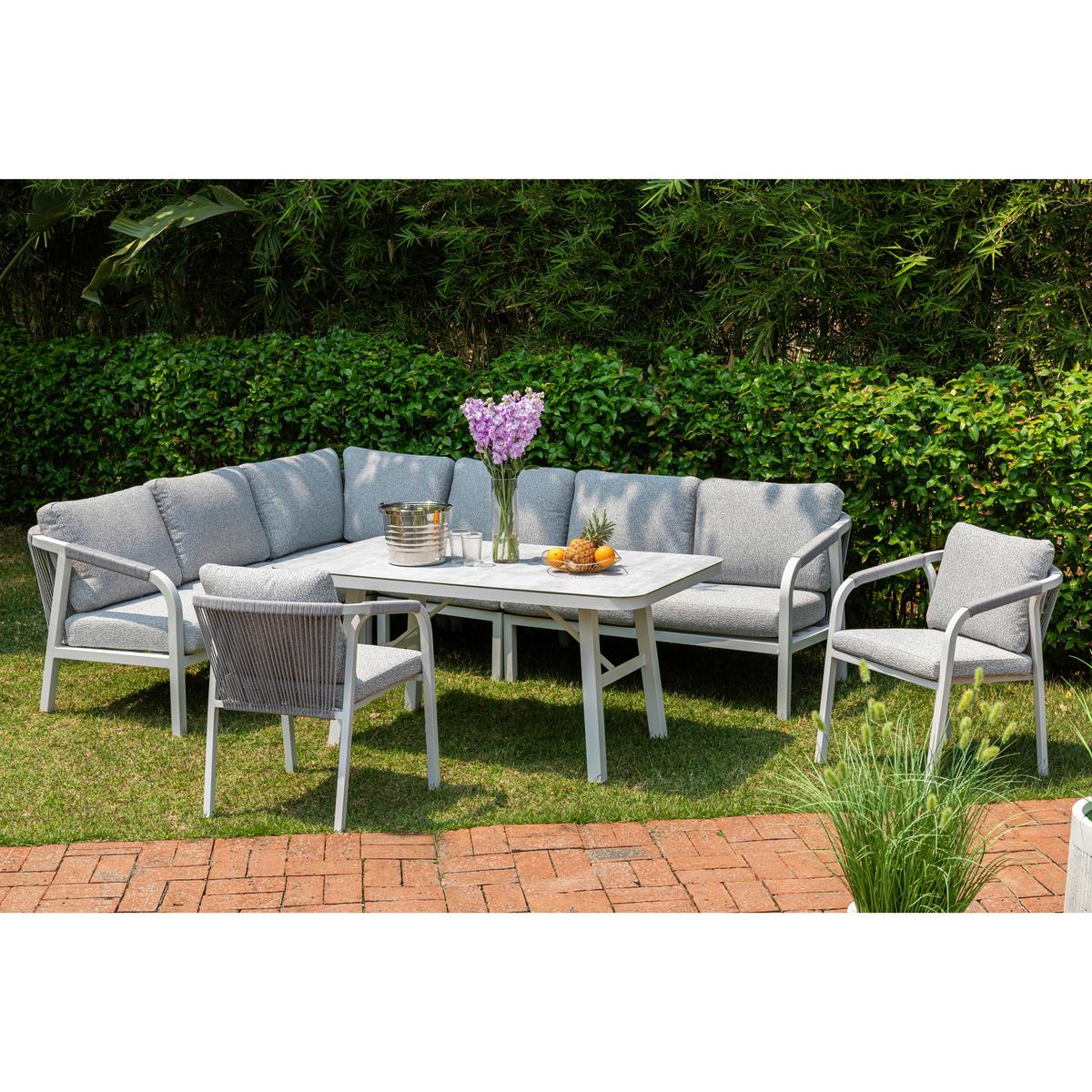 DINING-LOUNGESET HARVEY XL - Weiß/Grau, MODERN, Glas/Textil - Gardenson