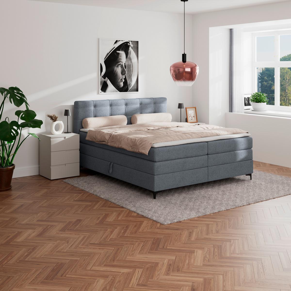 Boxspringbett MITTO Blaugrau 160x200 cm - Blaugrau/Schwarz, KONVENTIONELL, Textil/Metall (160/200cm)