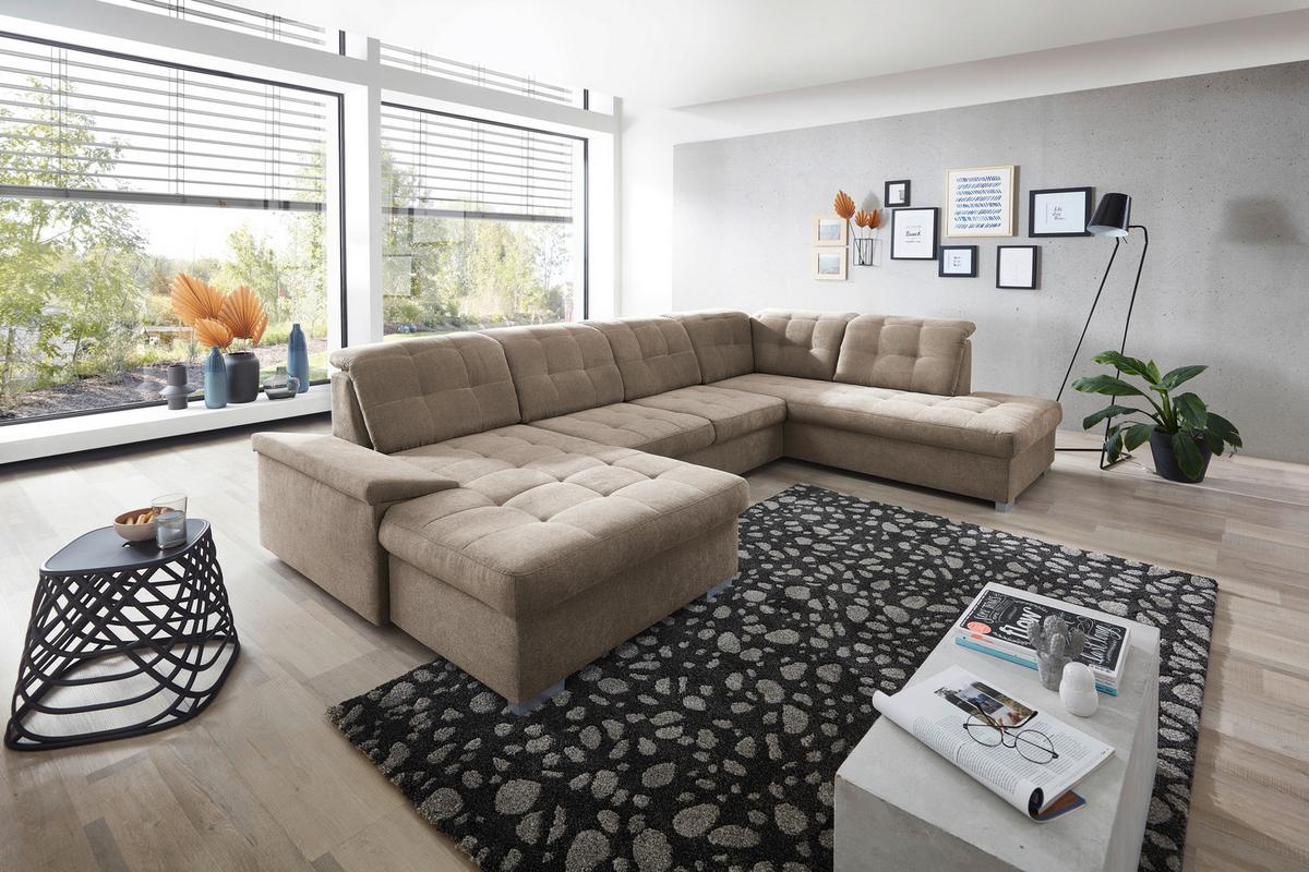Wohnlandschaft Zira Mit Schlaffunktion Taupe - Taupe/Chromfarben, Design, Textil (169/330/212cm) - Livetastic