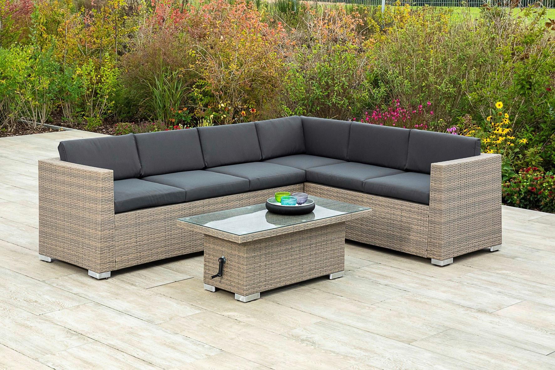 Loungegarnitur Bellante Kunststoffgeflecht Mit Kissen - Dunkelgrau/Braun, KONVENTIONELL, Glas/Kunststoff (208/269/61cm) - Gardenson