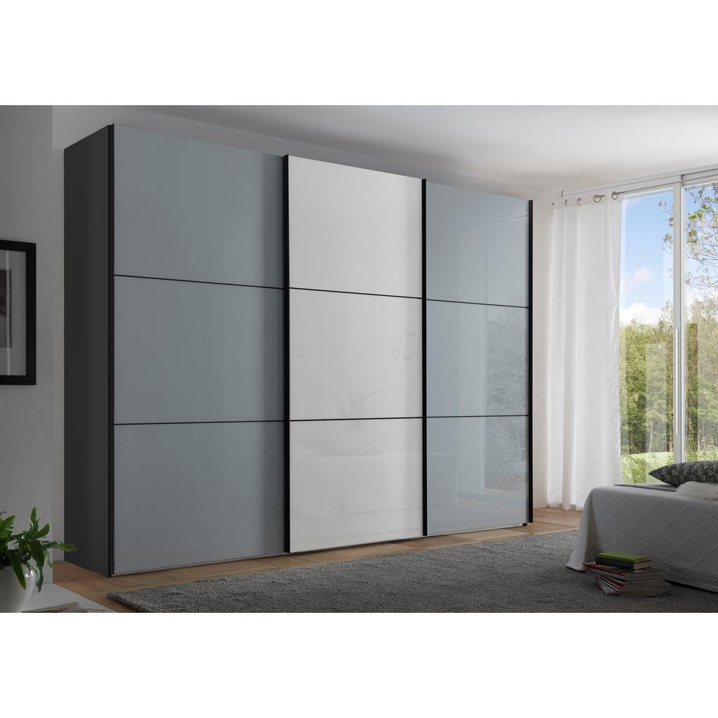 Schwebetürenschrank Glasfront 249 cm Includo, Hellgrau/Weiß