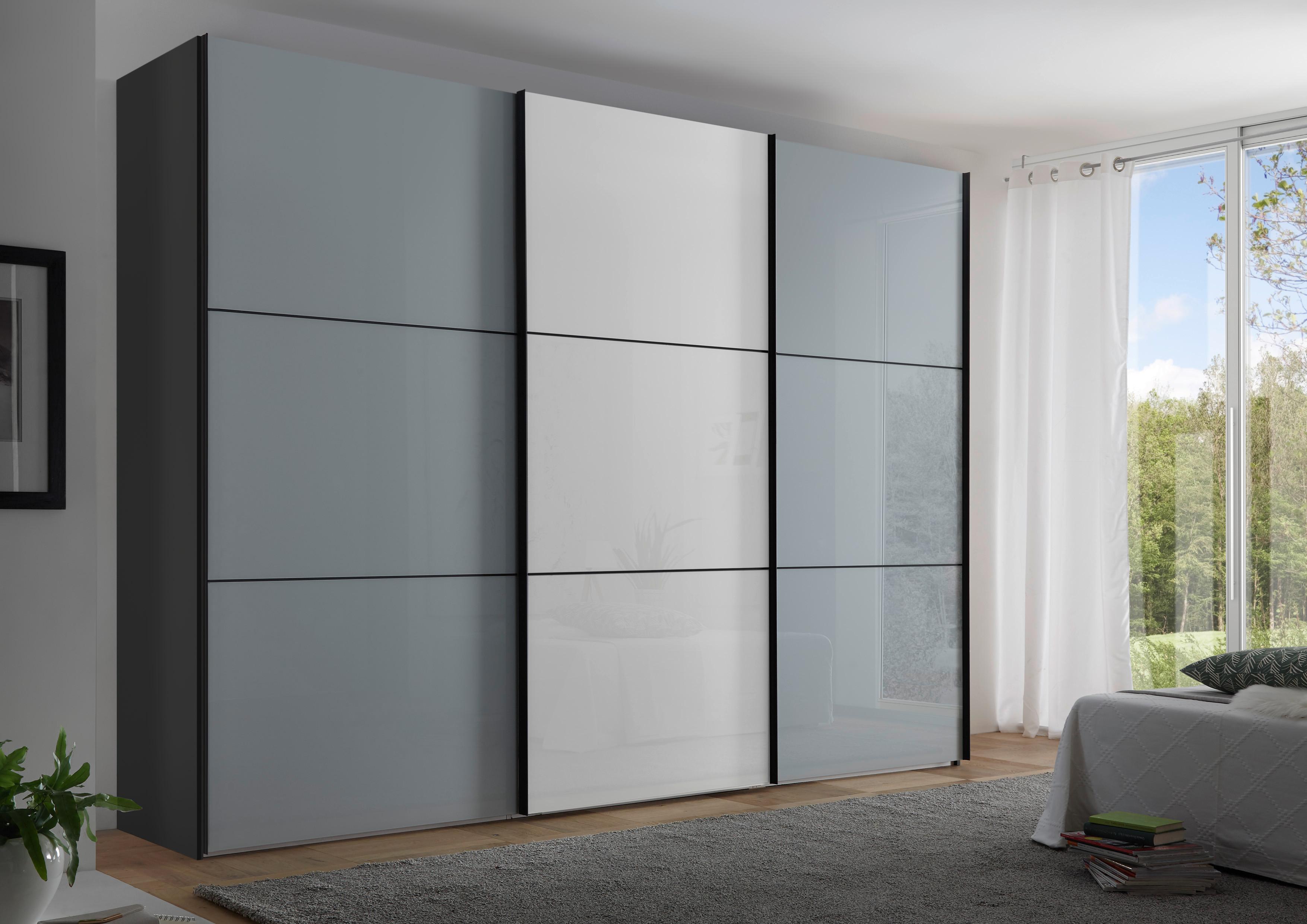 Schwebetürenschrank Glasfront 280 cm Includo, Hellgrau/Weiß