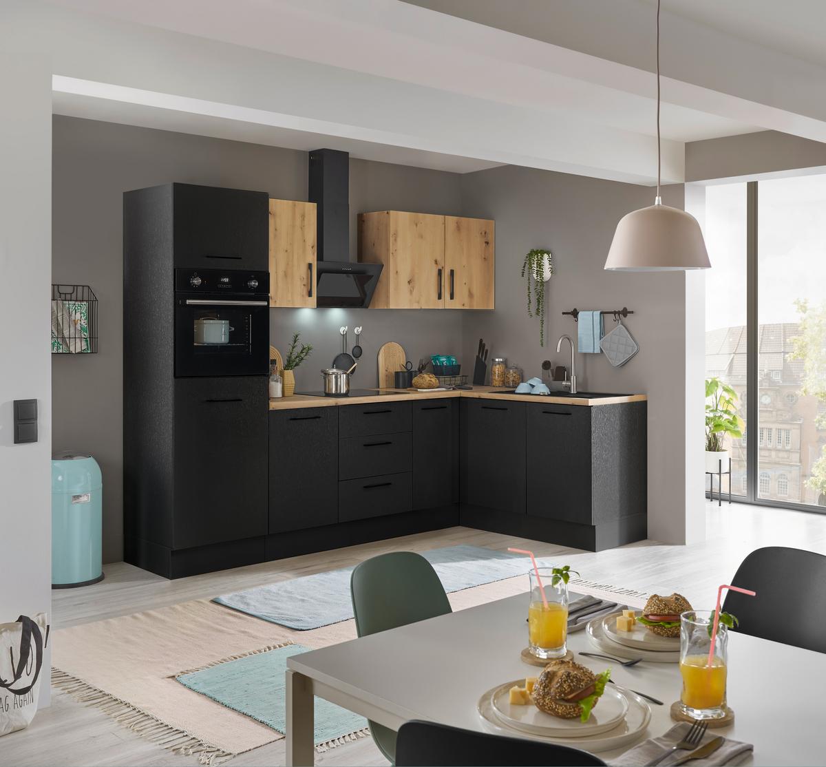 Eckküche Turin Schwarz/Eiche Dekor 270x165 cm - Schwarz/Eiche Artisan, Basics, Holzwerkstoff (270/165cm) - MID.YOU