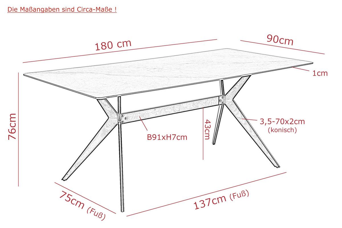 Esstisch Paccino II T - Beige/Weiß, MODERN, Stein/Metall (90/180/76cm) - MID.YOU