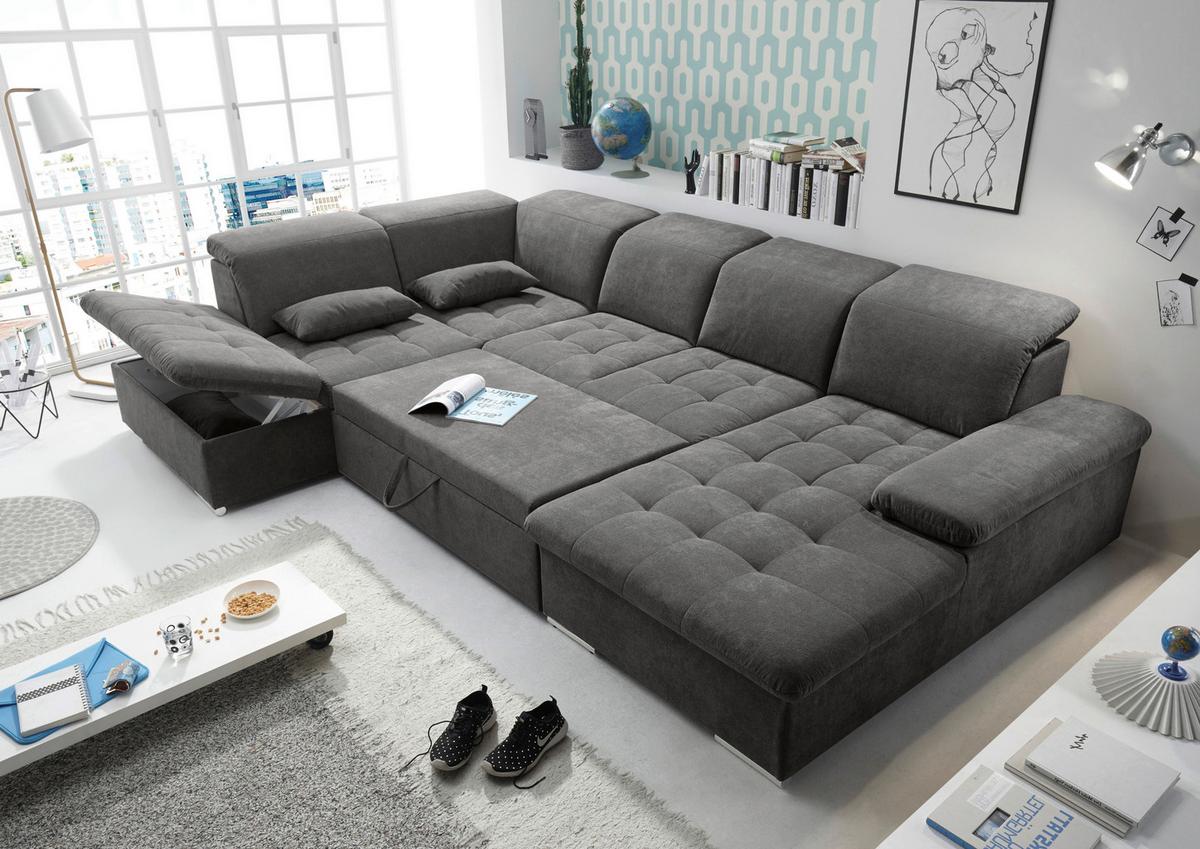 Rozkladacia sedacia súprava Wayne U, tmavosivá - strieborná/tmavosivá, Konventionell, textil/plast (240/340/188cm) - MID.YOU