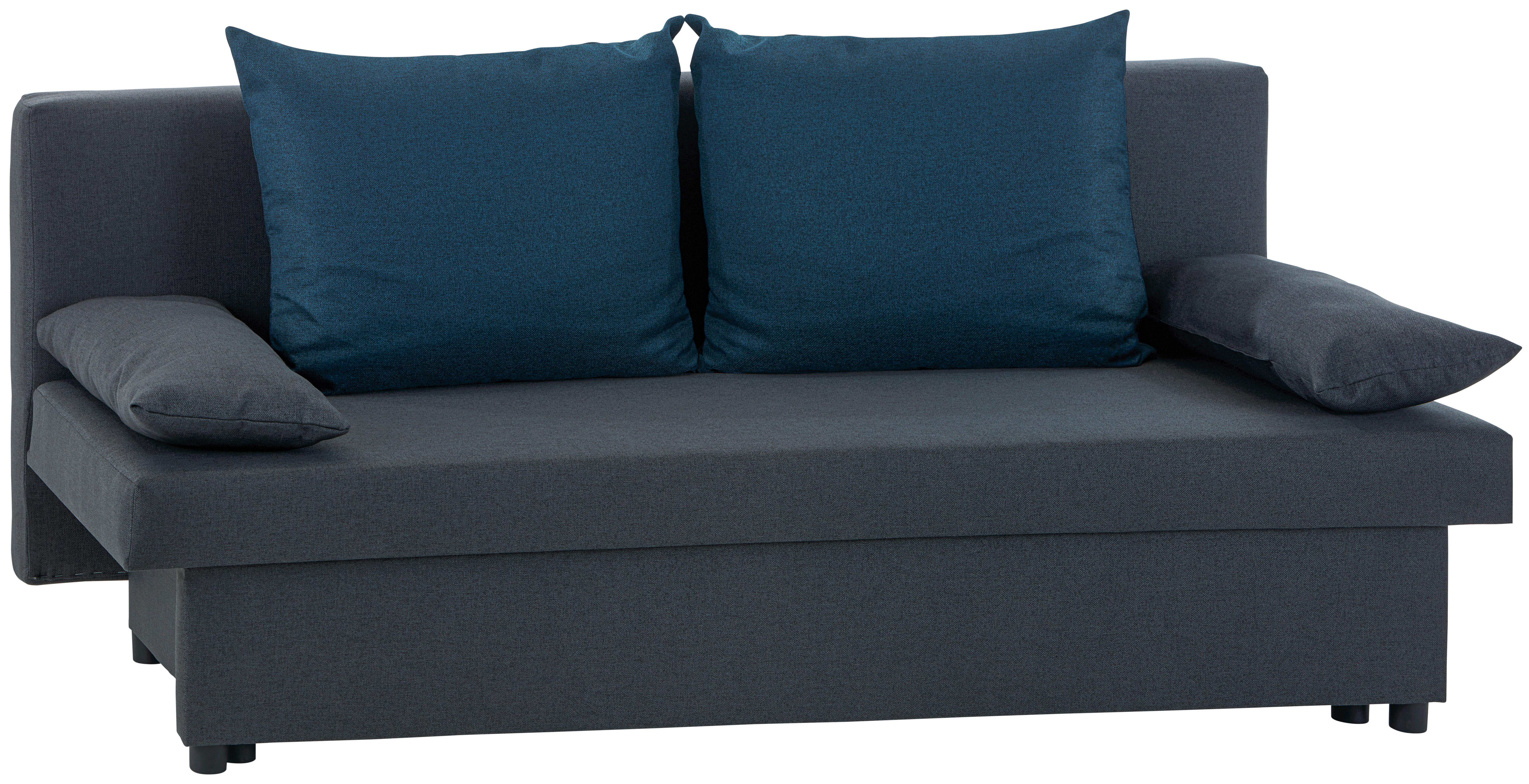 2-Sitzer-Sofa mit Schlaffunkt. und Bettkasten Neo + Kissen Grau - Blau/Dunkelgrau, Basics, Karton/Holz (192/82cm)