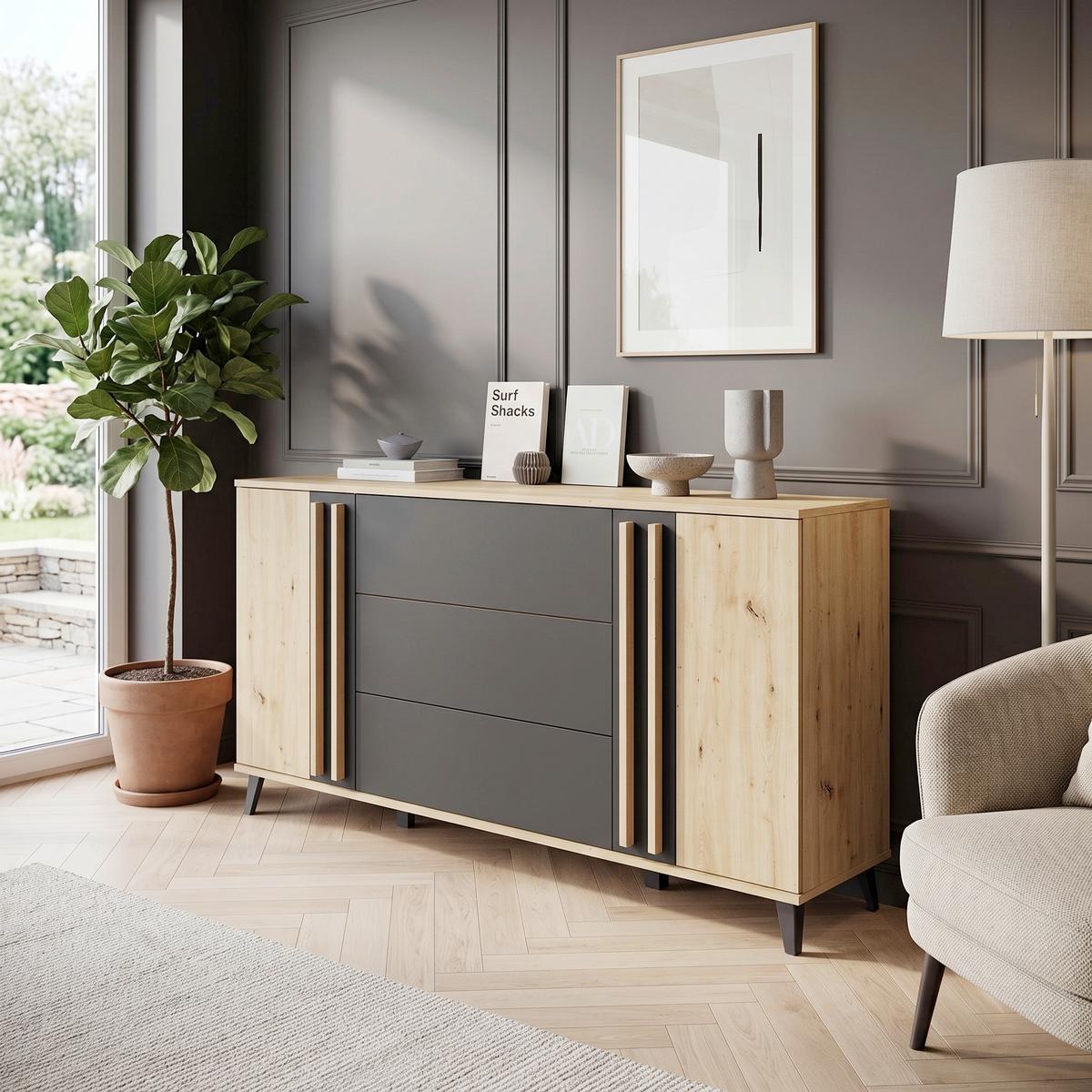 Sideboard Helsinki 150 Eiche Artisan/Schwarz B: 150cm - Schwarz/Eiche Artisan, Trend, Holzwerkstoff (150/77,8/39,5cm) - P & B