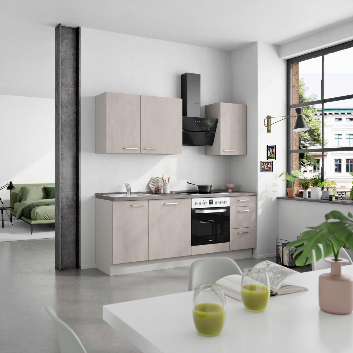 Kuchynská linka 210 cm, šedý betón/ kamenná šedá - sivá/farba ušľachtilej ocele, Modern, kov/kompozitné drevo (210cm) - Nobilia