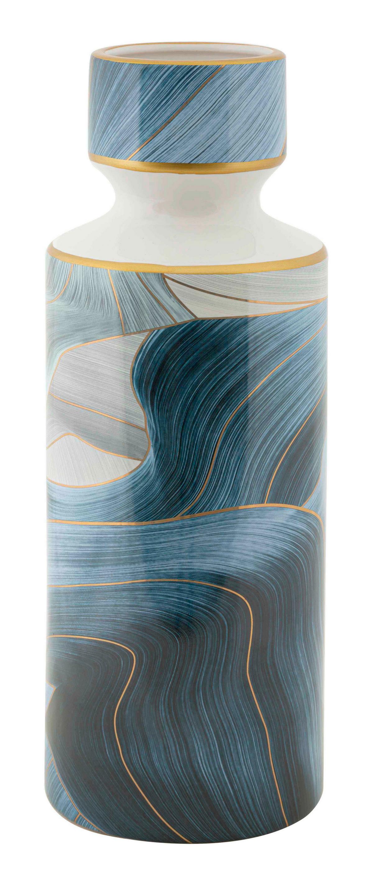 Vase Elegant Tall Blau/Grautöne/Gold B:14cm - Blau/Goldfarben, Basics, Keramik (14/40/14cm)