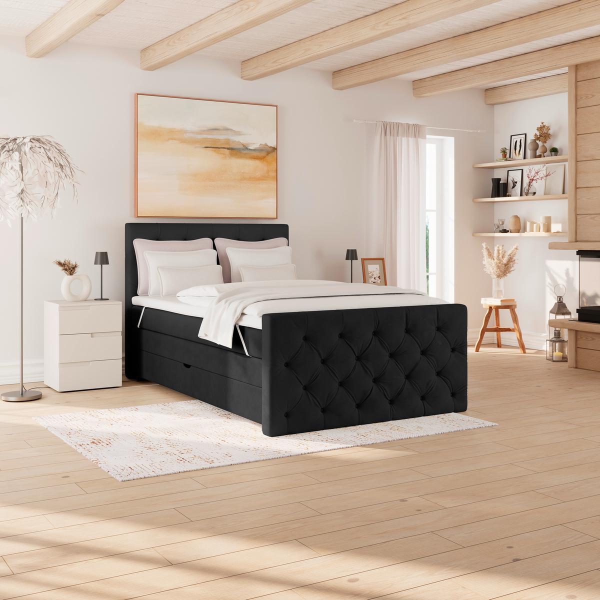 Boxspringbett Elio Schwarz 140x200 cm H3 - Beige/Schwarz, ROMANTIK / LANDHAUS, Textil (140/200cm) - James Wood