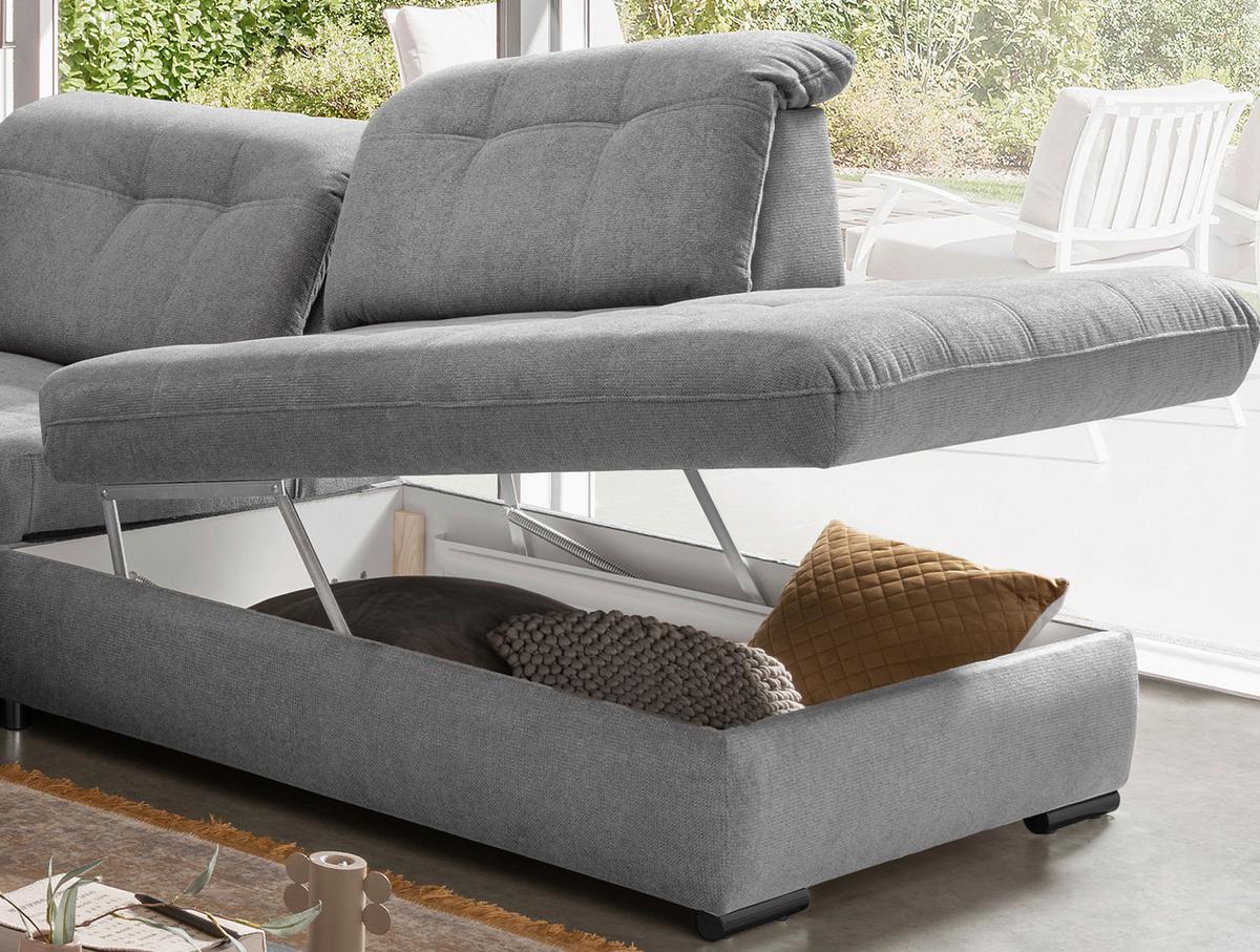 Wohnlandschaft Mit Bettkasten Rigatti Silberfarben B: 387 Cm - Silberfarben/Schwarz, MODERN, Textil (184/387/252cm) - Livetastic