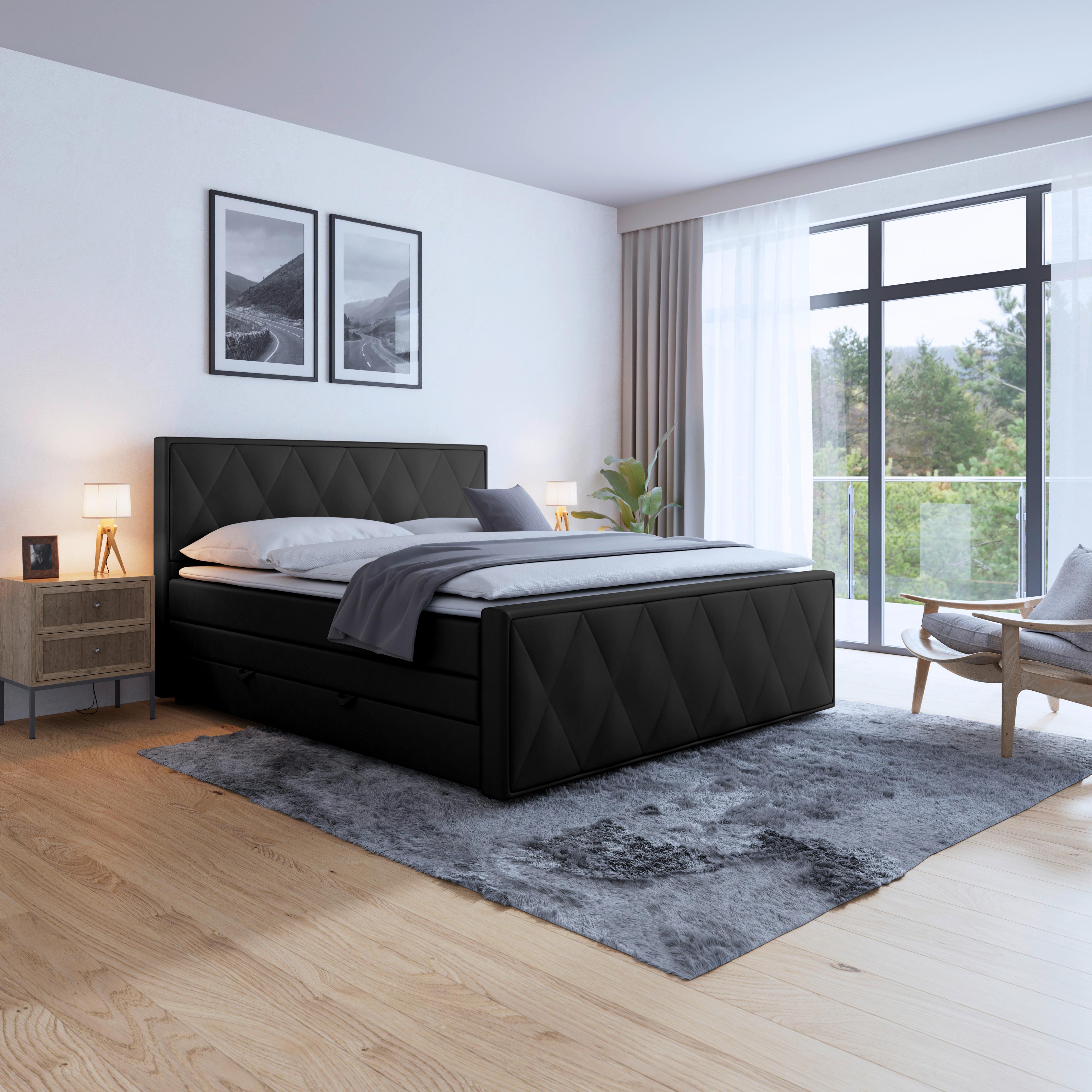 Boxspringbett Porto 180x200 Cm Schwarz - Schwarz, MODERN, Holzwerkstoff/Kunststoff (180/200cm) - MID.YOU