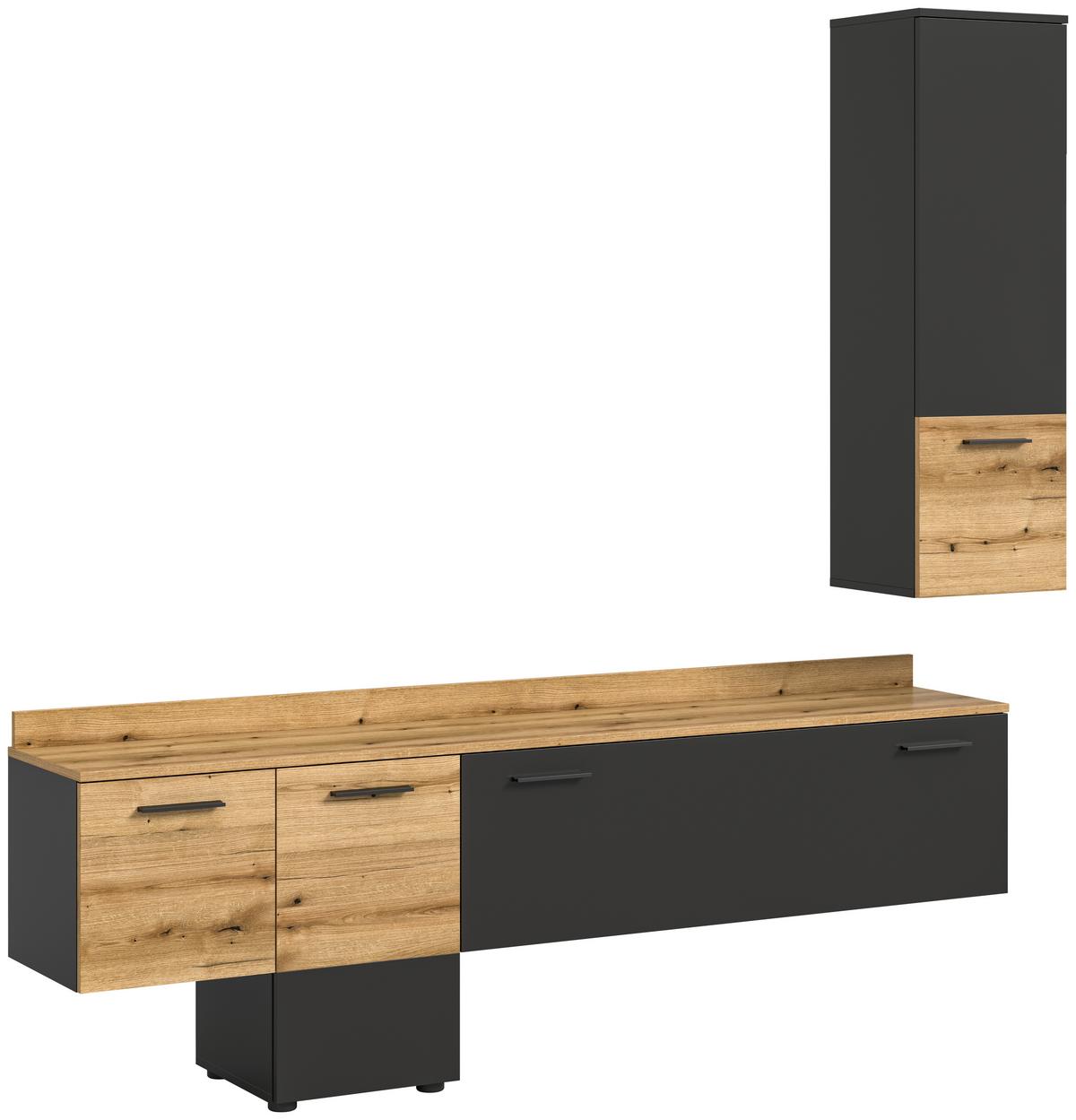 Wohnwand Goal - Eichefarben/Schwarz, Design, Holzwerkstoff (195/196/37cm) - Livetastic