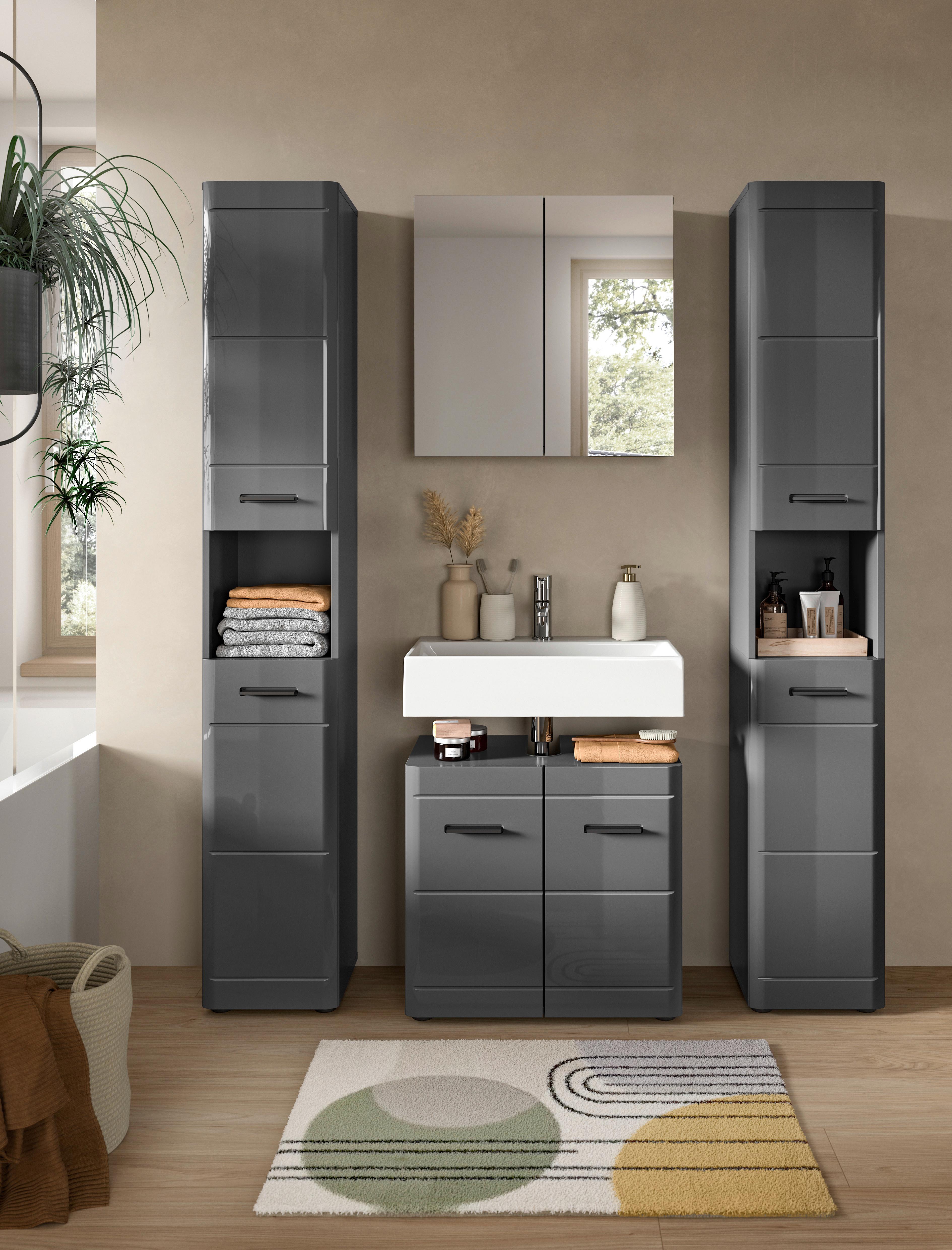 Waschbeckenunterschrank Soft 2-Türig B: 60 cm - Grau Hochglanz/Schwarz, MODERN, Holzwerkstoff (60/56/34cm) - MID.YOU