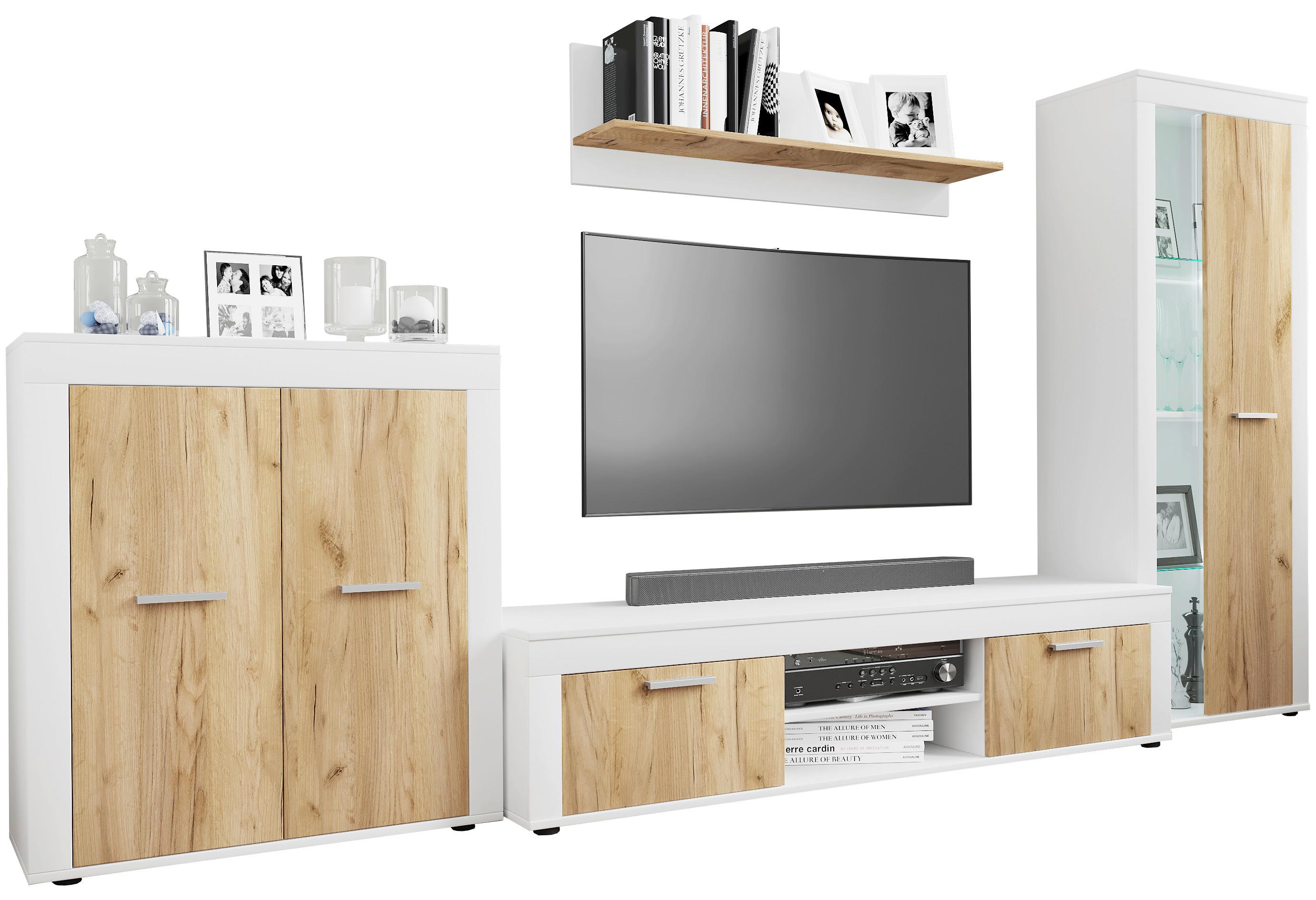 Wohnwand Usilo Weiß, Honigeiche Dekor B:300cm - Honigeiche/Schwarz, Design, Glas/Holzwerkstoff (300/159/37cm) - MID.YOU
