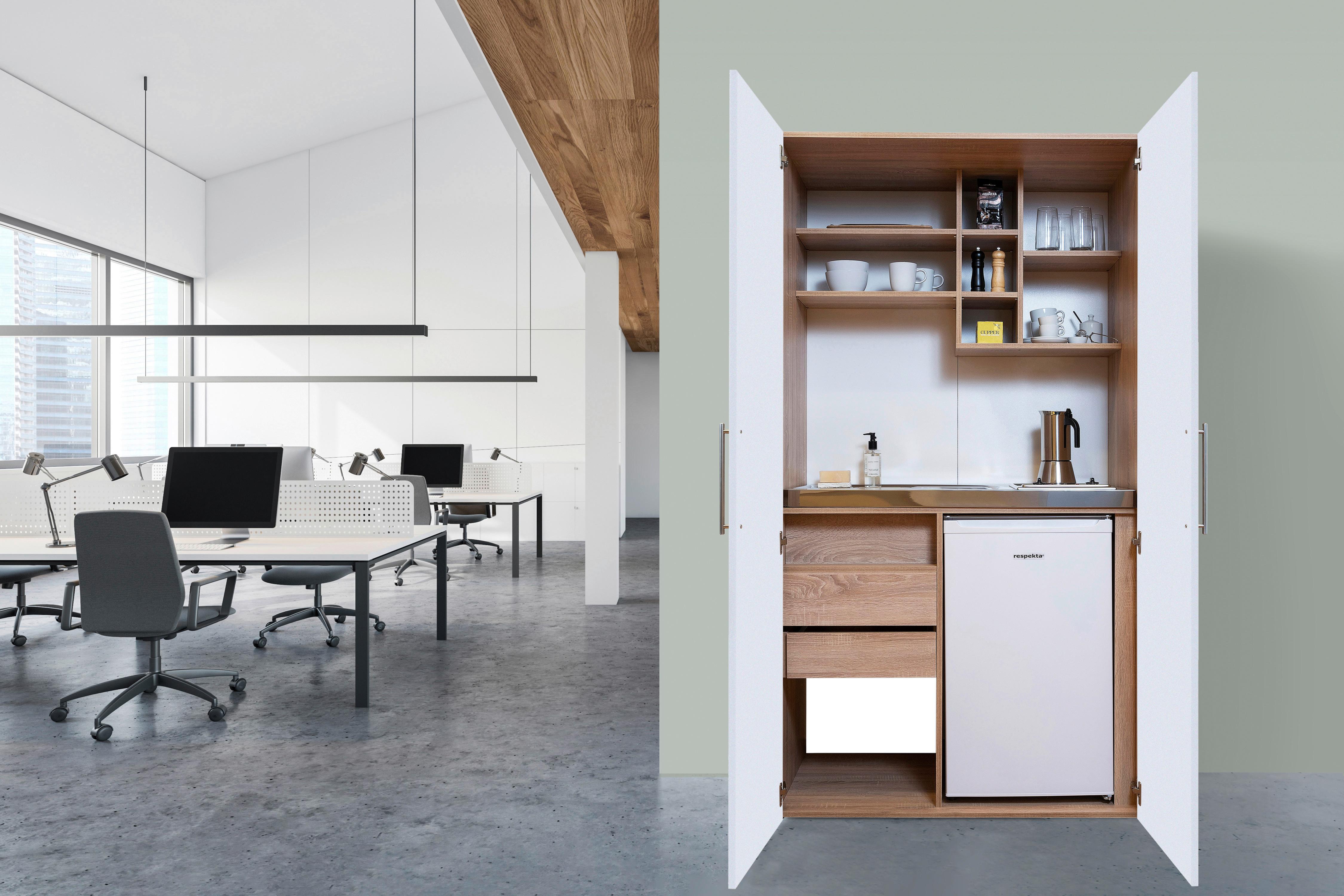 Schrankküche mit Kühlschrank + Kochfeld 104 cm Weiß - Edelstahlfarben/Eichefarben, KONVENTIONELL, Holzwerkstoff/Metall (104/193/67cm) - Respekta