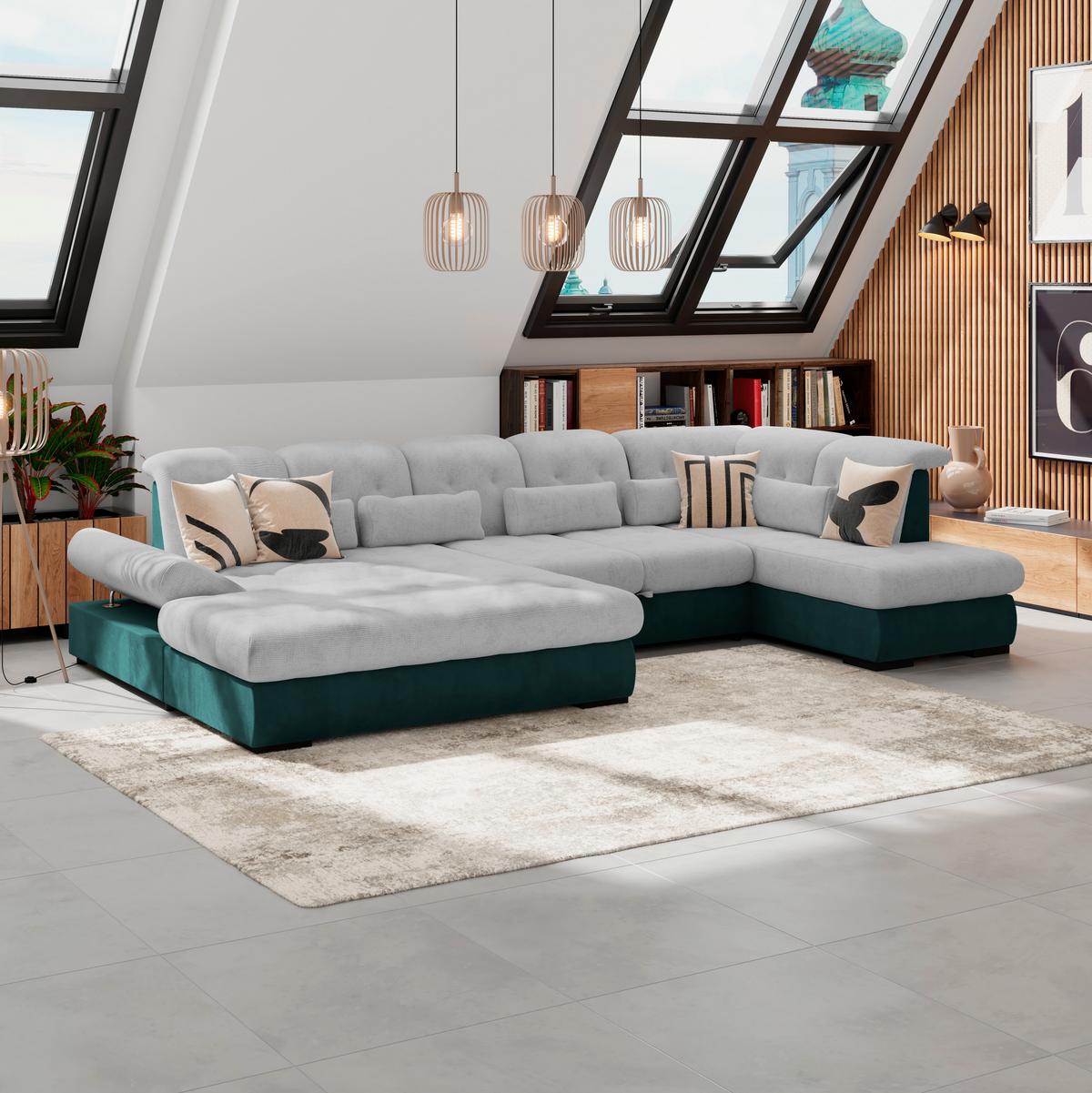 Wohnlandschaft Madera Silberfarben S: 358x212 Cm - Türkis/Silberfarben, KONVENTIONELL, Kunststoff/Textil (190/358/212cm)