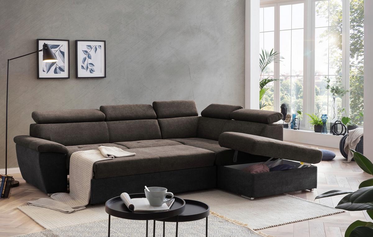 Ecksofa Mit Schlaffunktion Und Bettkasten Antero Dunkelbraun - Chromfarben/Dunkelbraun, Design, Textil (262/216cm) - Livetastic