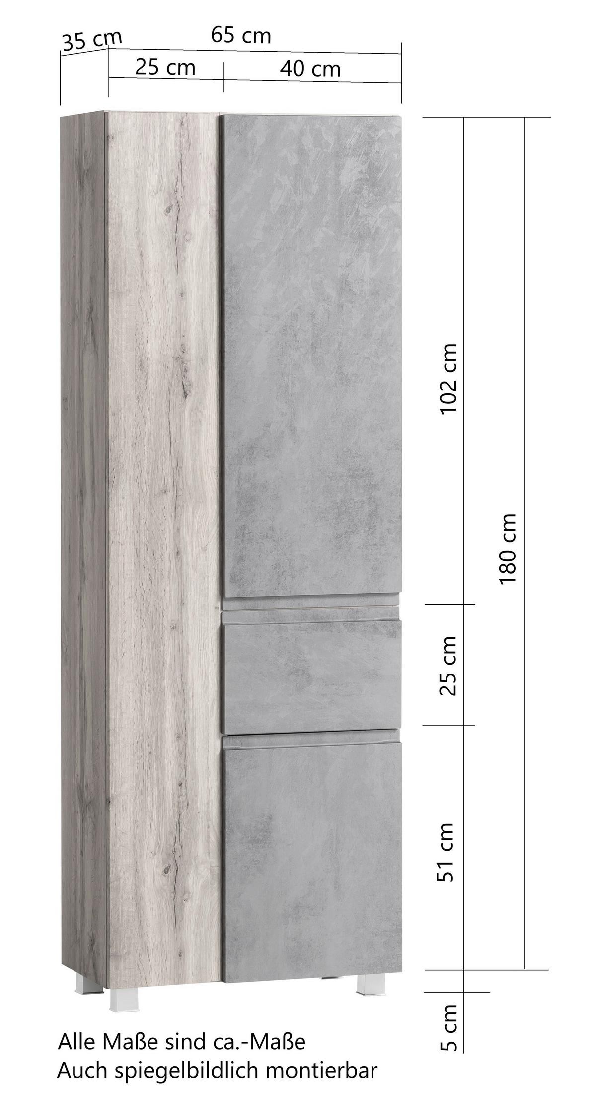 Badezimmer Hochschrank Varese BxH 65x180cm Grau/ Eiche Dekor - Eiche Wotan/Hellgrau, MODERN, Holzwerkstoff (65/180/35cm) - Held