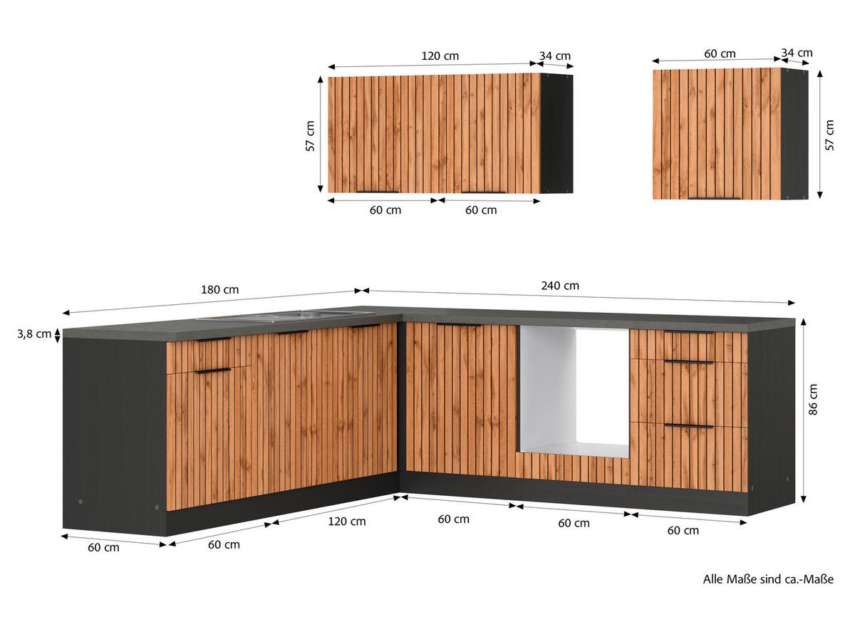 Eckküche Liverpool Graphit/ Eiche Dekor S: 240x240 cm - Schieferfarben/Eiche Wotan, Basics, Holzwerkstoff (240/240cm) - Held