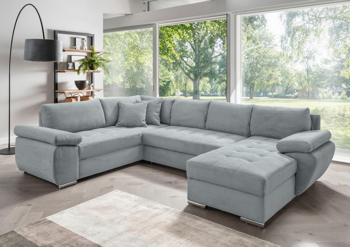 Wohnlandschaft Terana mit Schlaffunktion, Hellblau - Chromfarben/Hellblau, KONVENTIONELL, Textil (219/305/157cm) - Livetastic