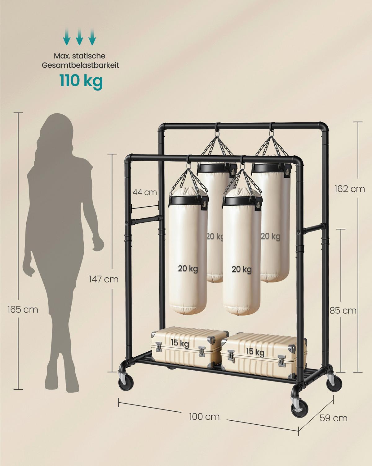 Kleiderwagen Schwarz B: 100 cm - Schwarz, Basics, Kunststoff/Metall (100/162/59cm)