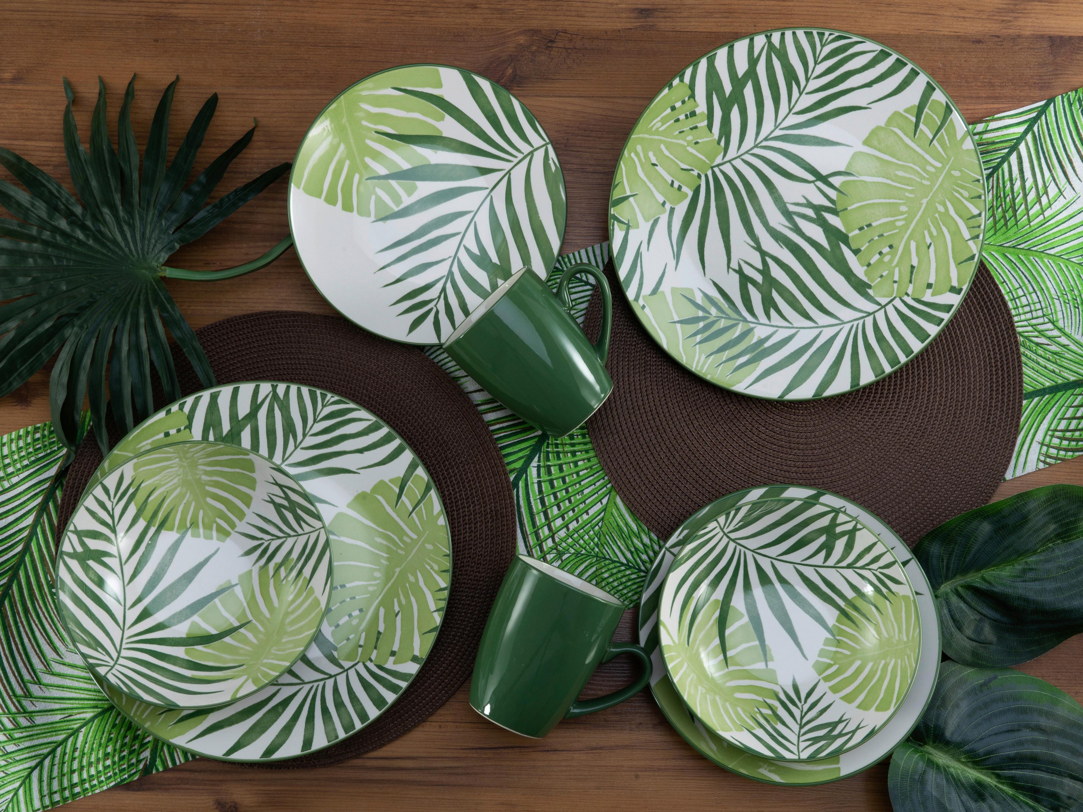 Kombiservice Aus Keramik, 4 Personen, Geschirr Set - Weiß/Grün, Basics, Keramik - Creatable