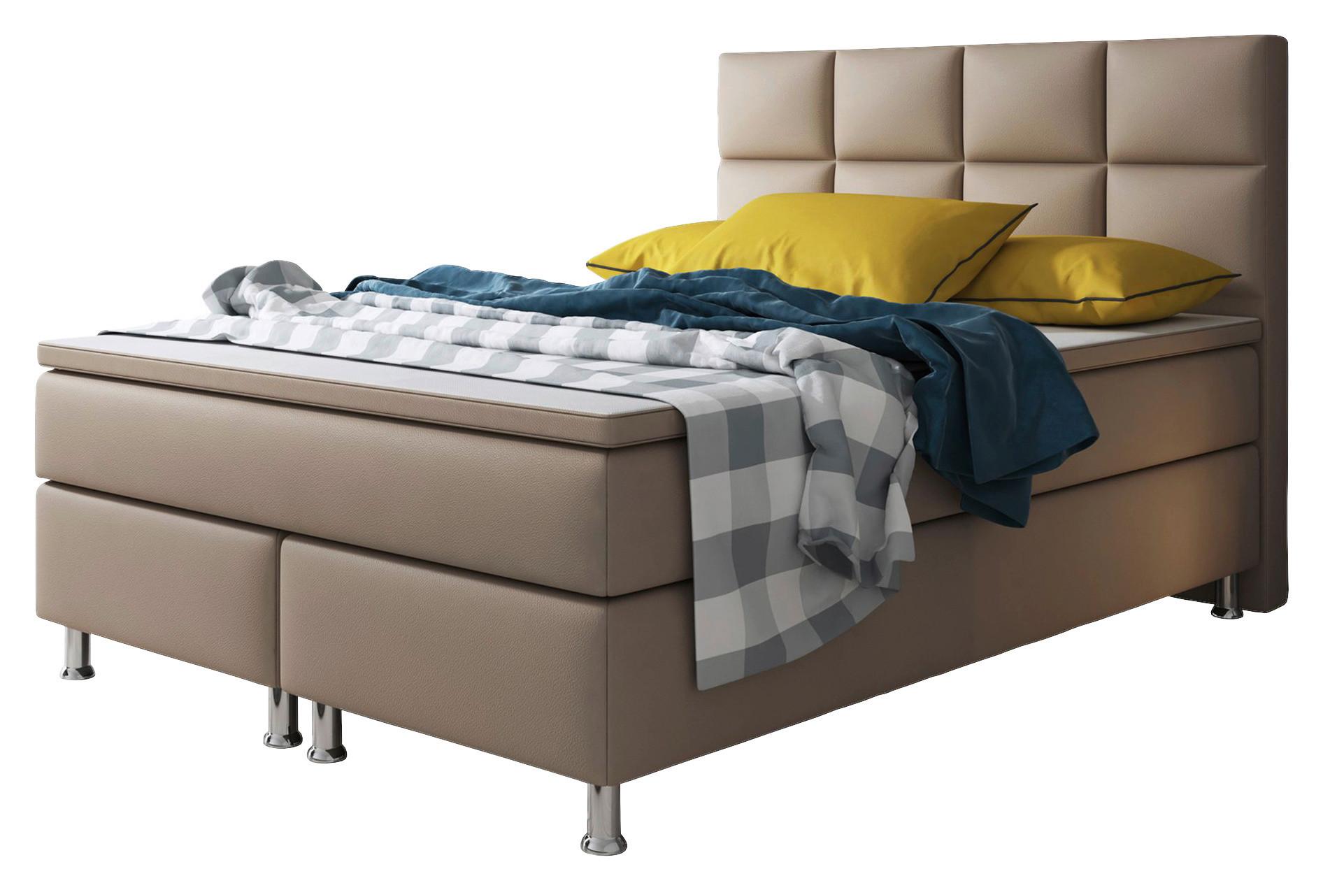 Boxspringbett Mit Topper Lederlook 140x210 Miami - Silberfarben/Cappuccino, KONVENTIONELL, Leder/Textil (140/115/210cm) - MID.YOU